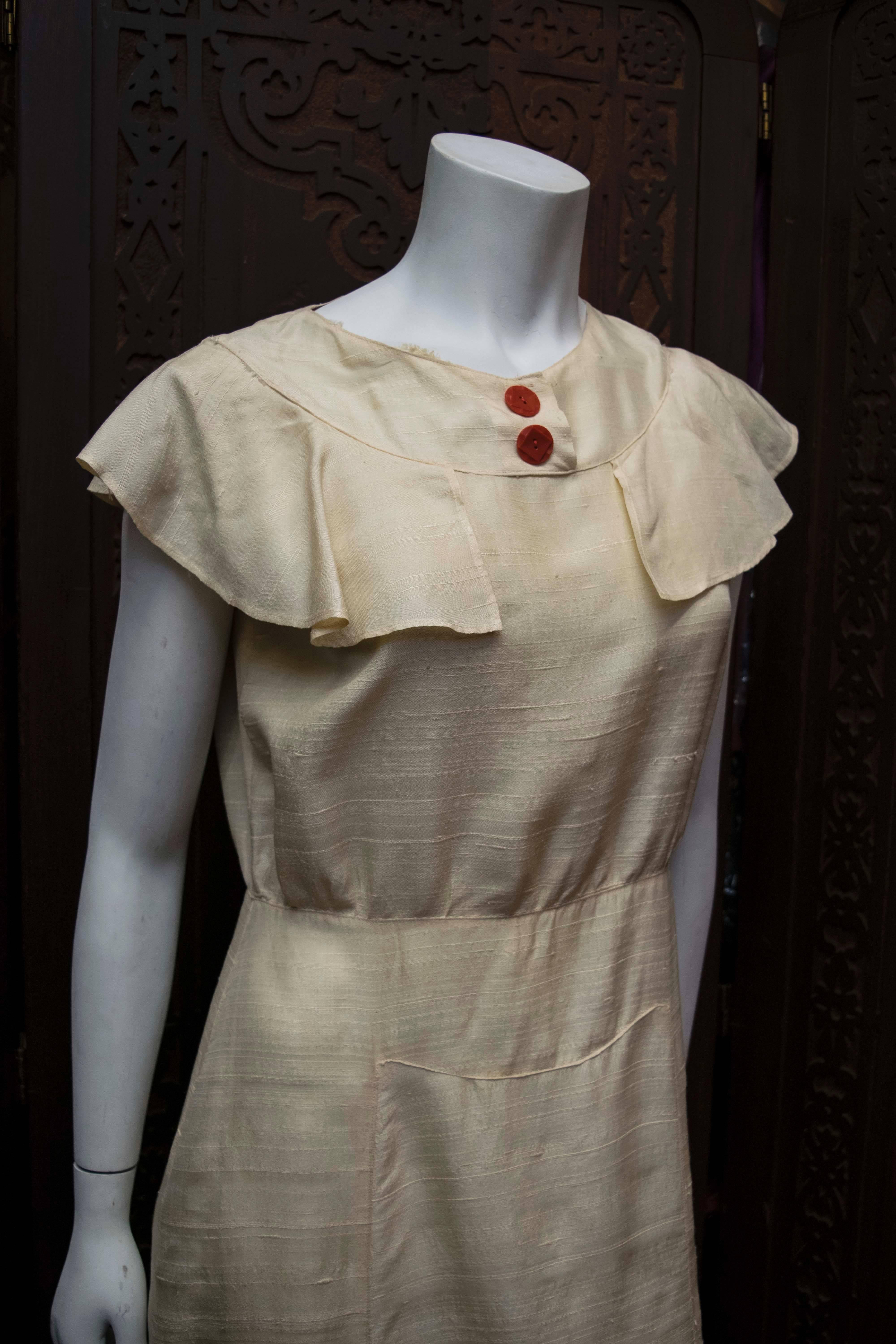 Brown Late 1920s Raw Cream Silk Dress