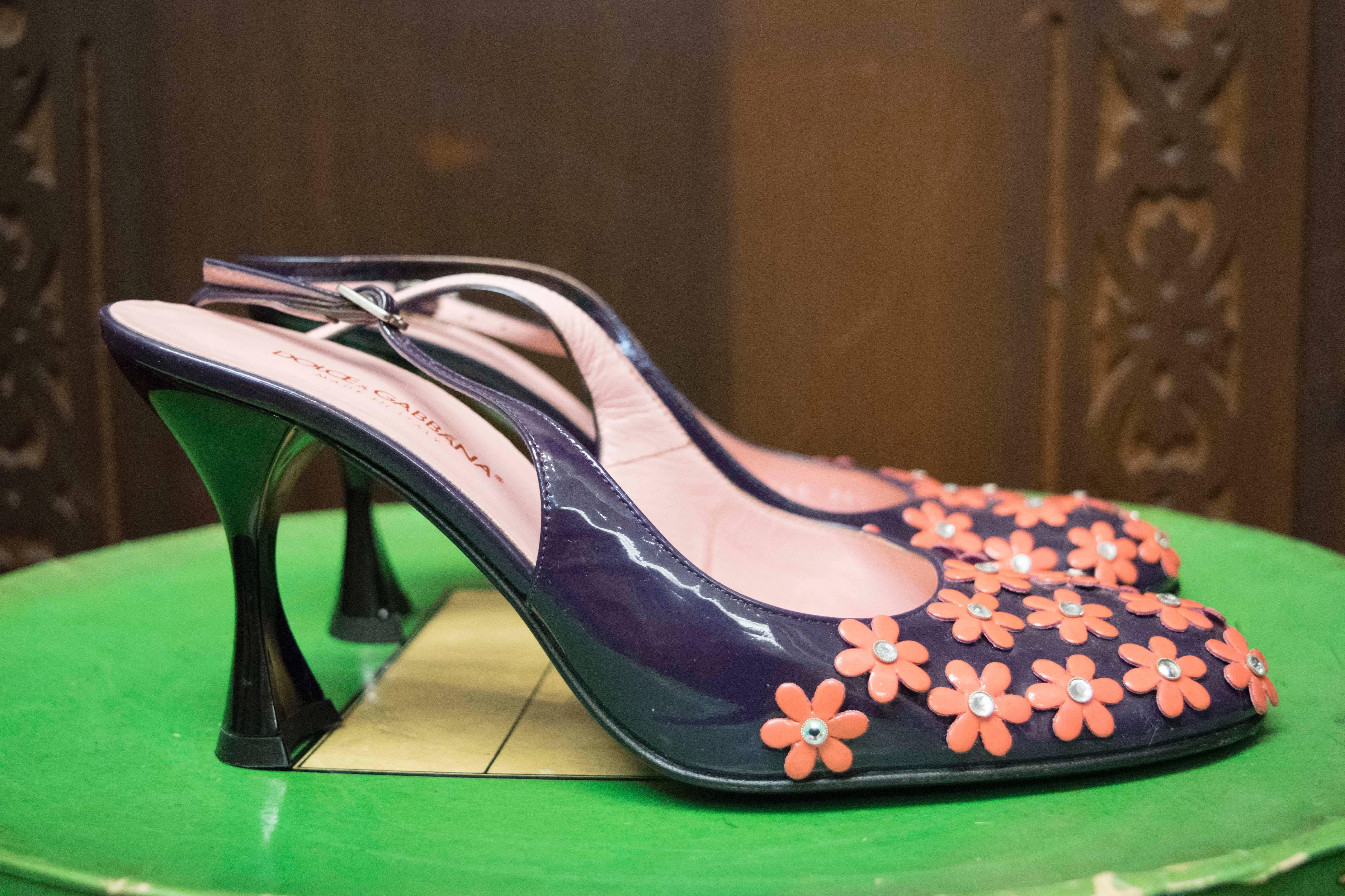 Beige 90s Dolce & Gabbana Floral Rhinstone Heels 