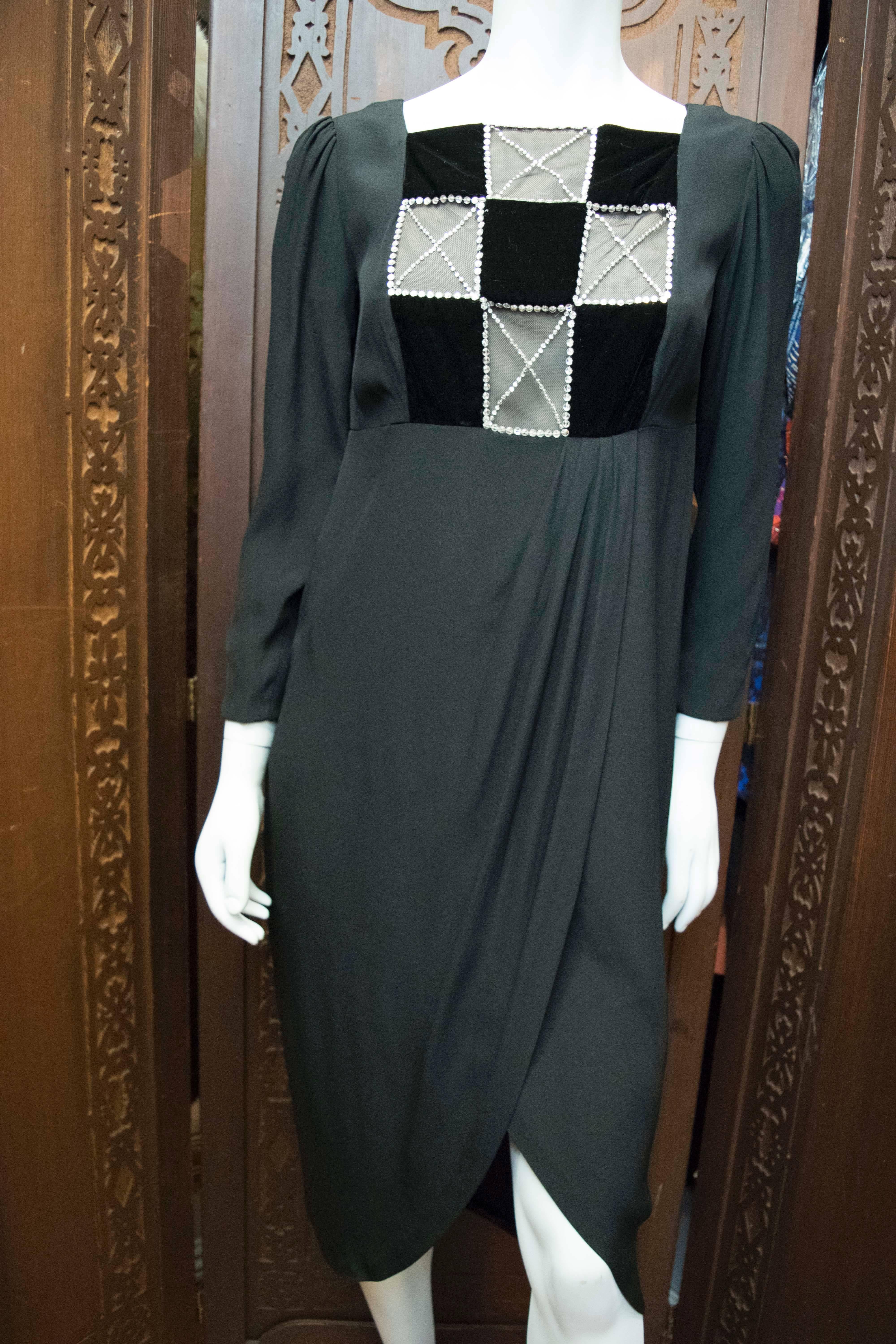 1980s Bob Mackie Black Crepe Long Sleeve Cocktail Dress with Crystal Illusion  In Excellent Condition For Sale In San Francisco, CA