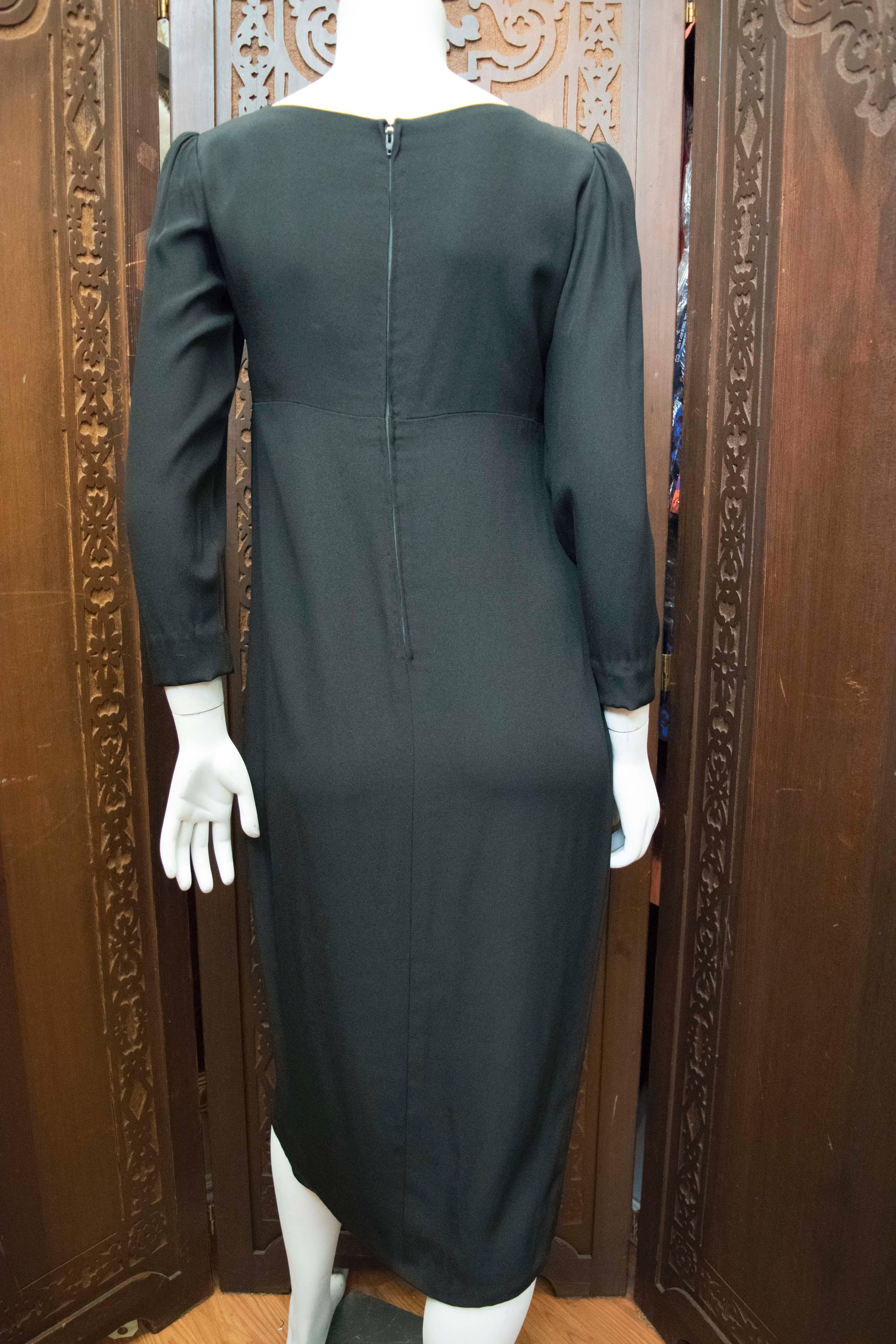 Women's 1980s Bob Mackie Black Crepe Long Sleeve Cocktail Dress with Crystal Illusion  For Sale
