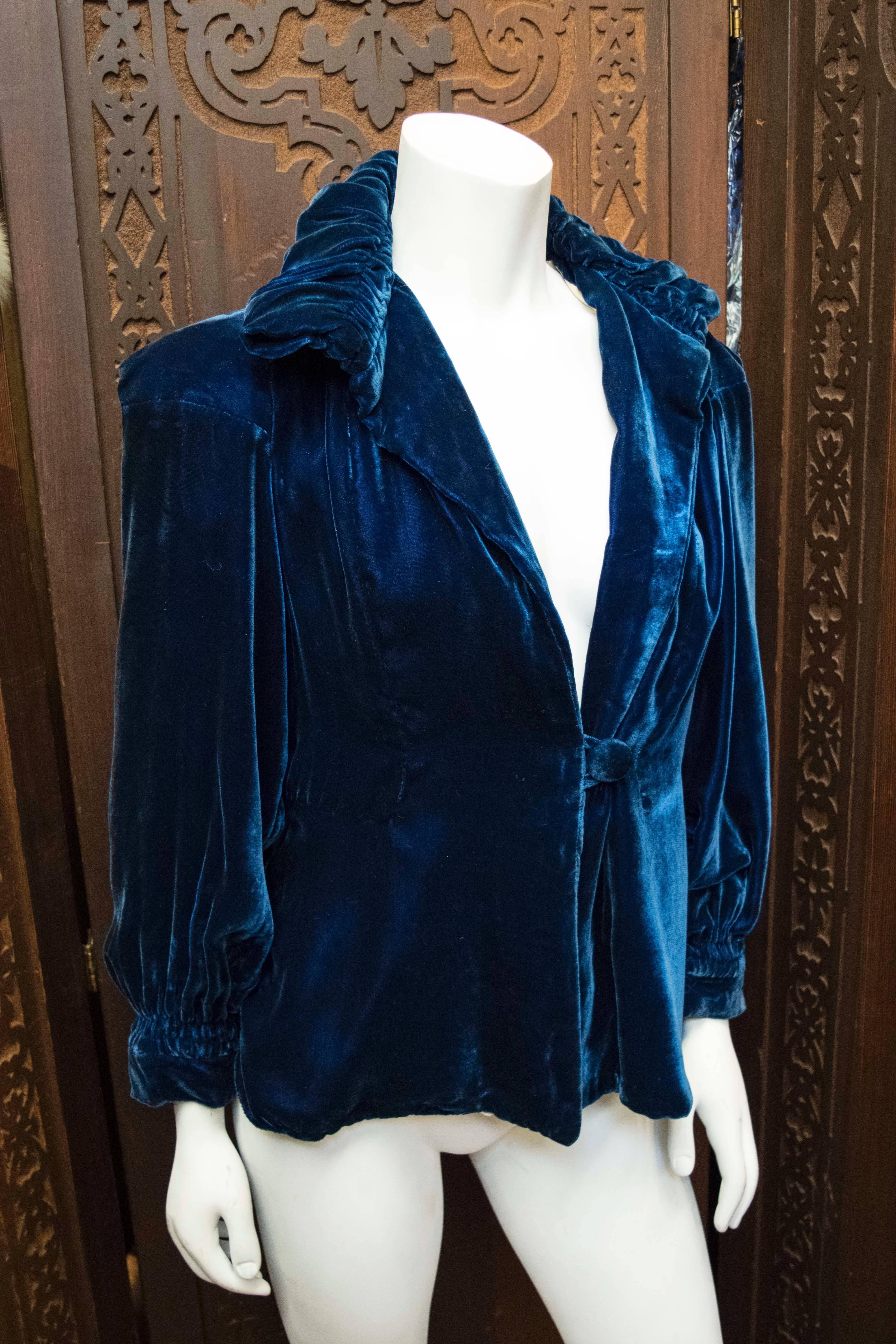 Black 1930s Cropped Blue Velvet Opera Jacket 