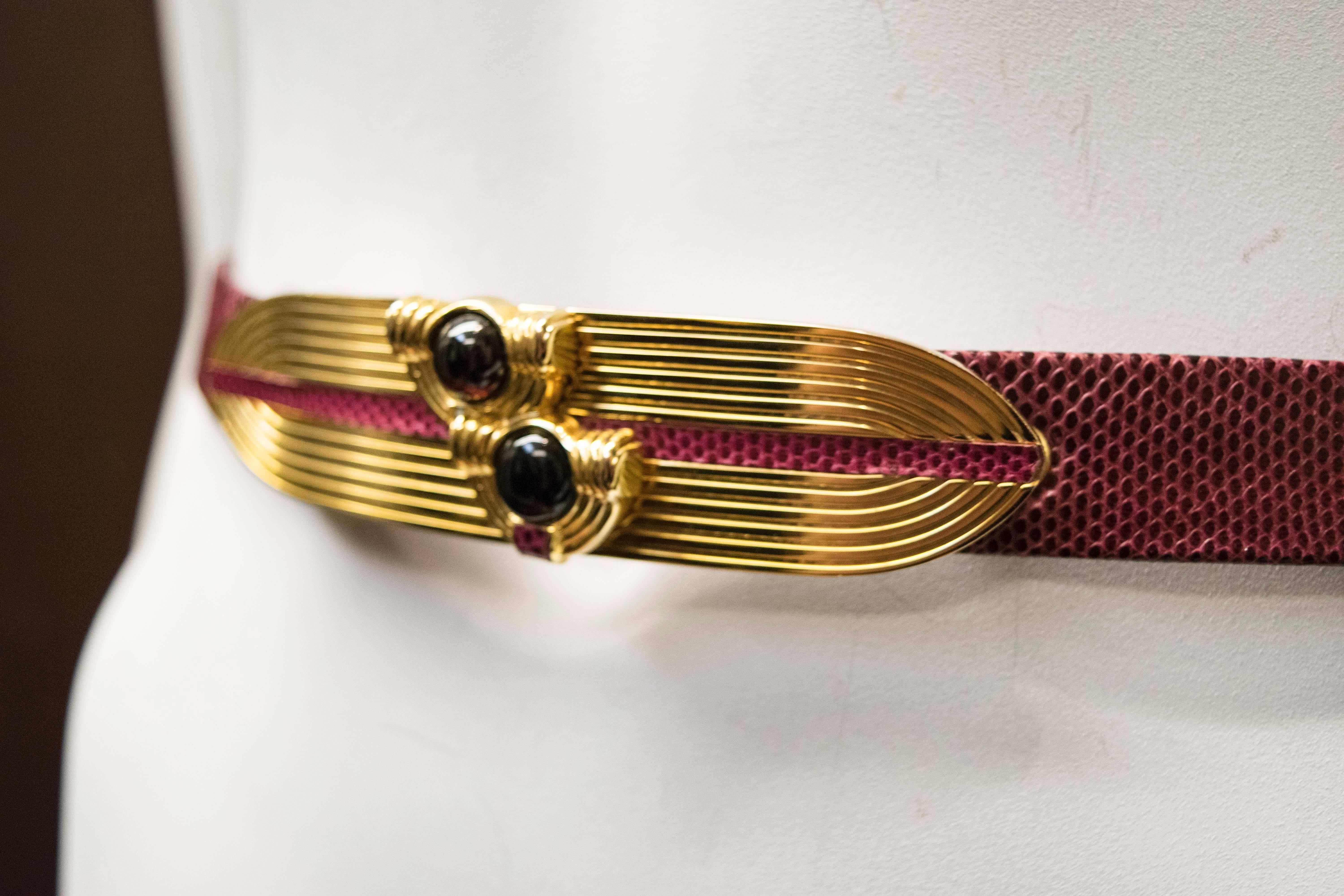 Brown 1980's Judith Leiber Maroon Lizard Skin Belt w/ Gold Tone Buckle For Sale