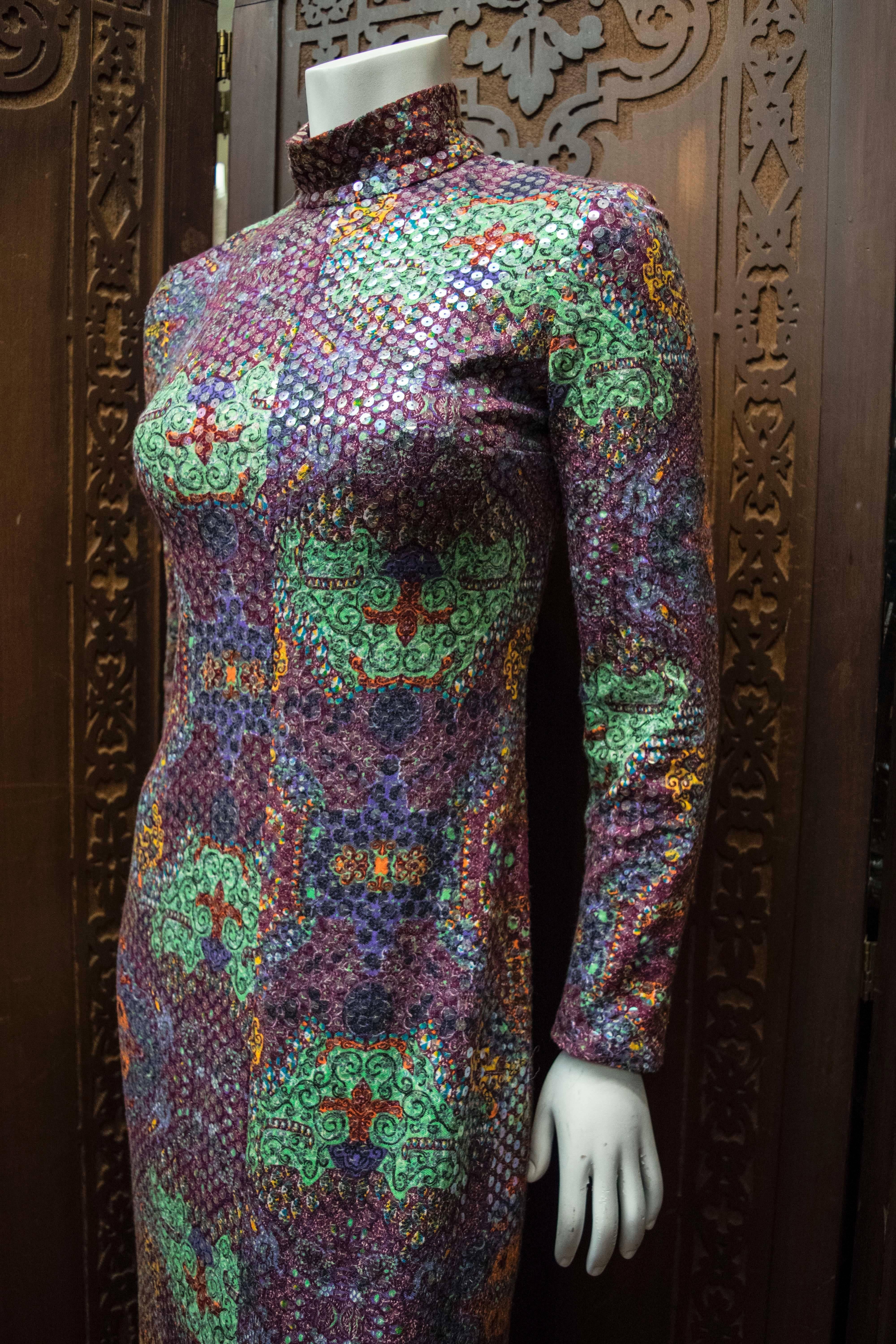 Gray Malcolm Starr Sequined Psychedelic Dress, 1970s