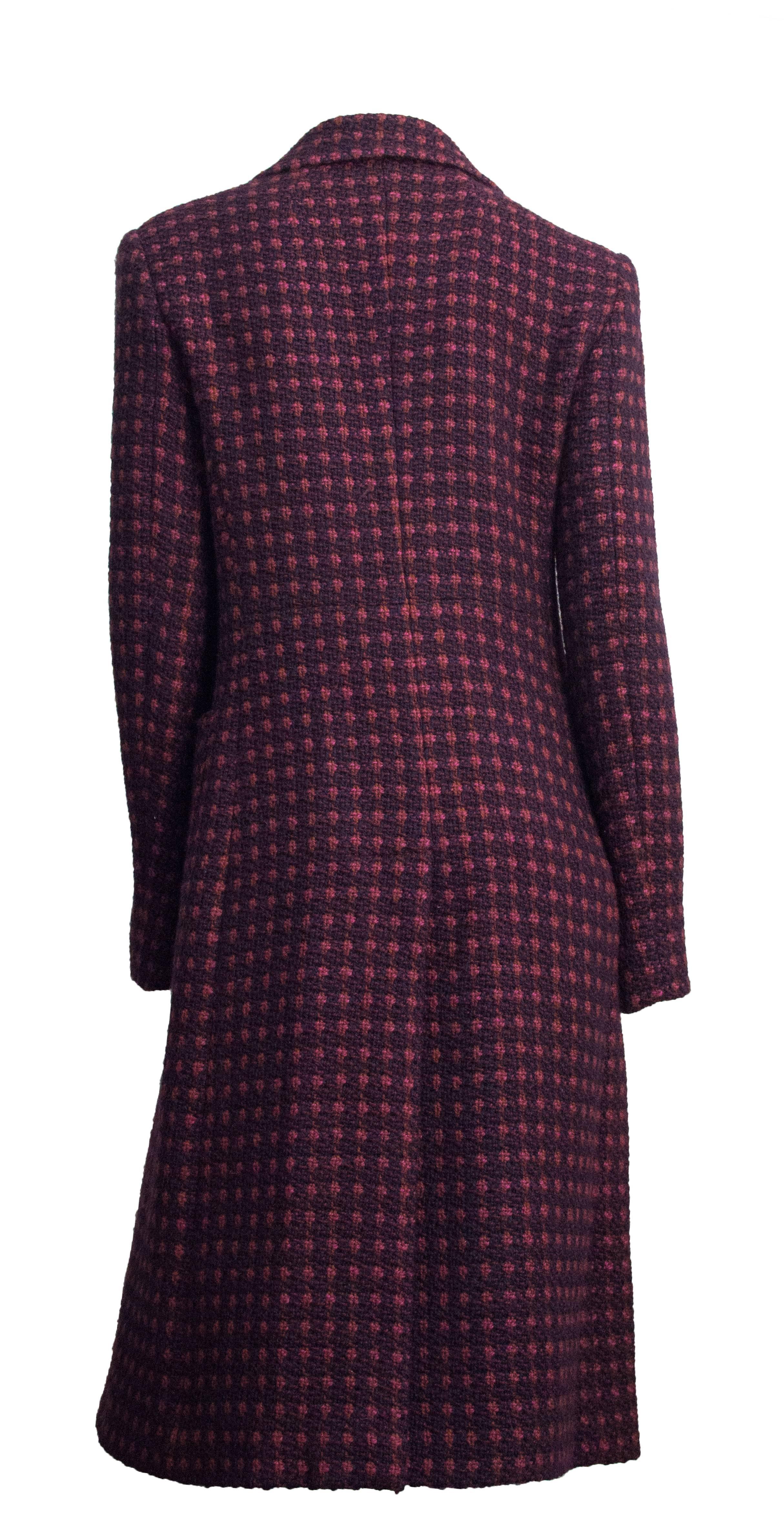 Miu Miu Purple Tweed Double Breasted Coat. Double breasted snap pockets. Fully lined. 100% wool. Front patch pockets. 