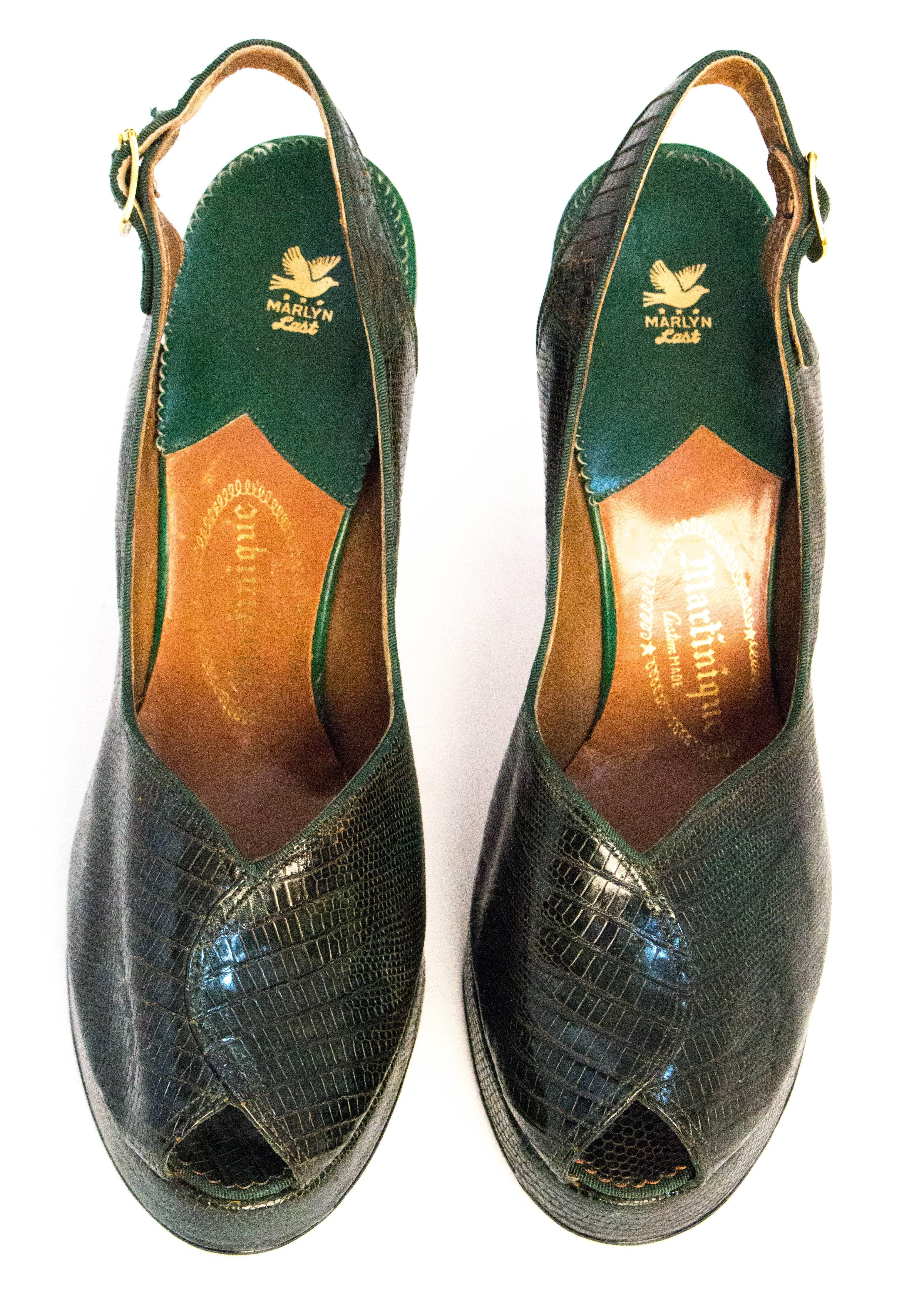 40s green lizard slingback peep-toe platforms. Leather soles and heel caps. Gold tone buckles. Deadstock, never been used. 

Measurements
Insole: 10