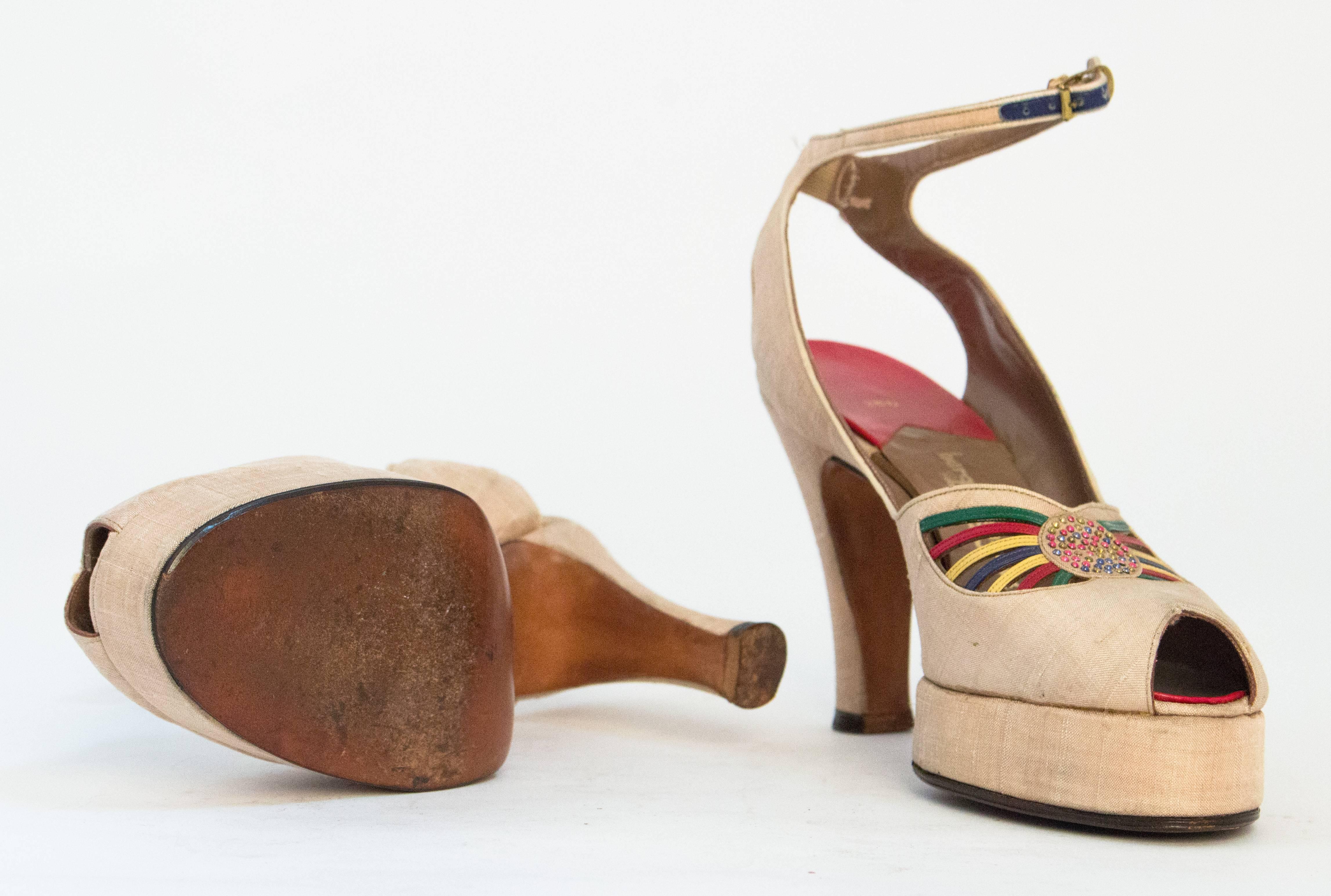 Beige 40s Platform Ankle Strap Heels with Colorful Leather & Studded Embellishments For Sale