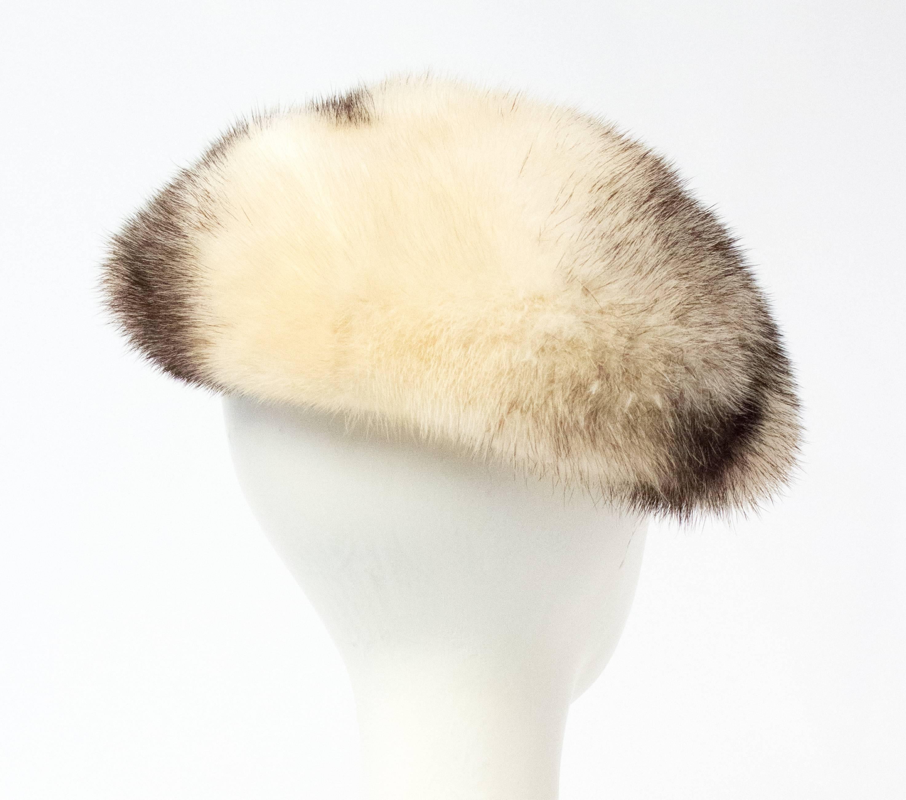 60s Natural Cream & Black Mink Hat with Satin Trim In Excellent Condition In San Francisco, CA