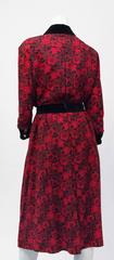 80s Celine Floral Red & Black Wool Two Piece Set with Velvet Trim