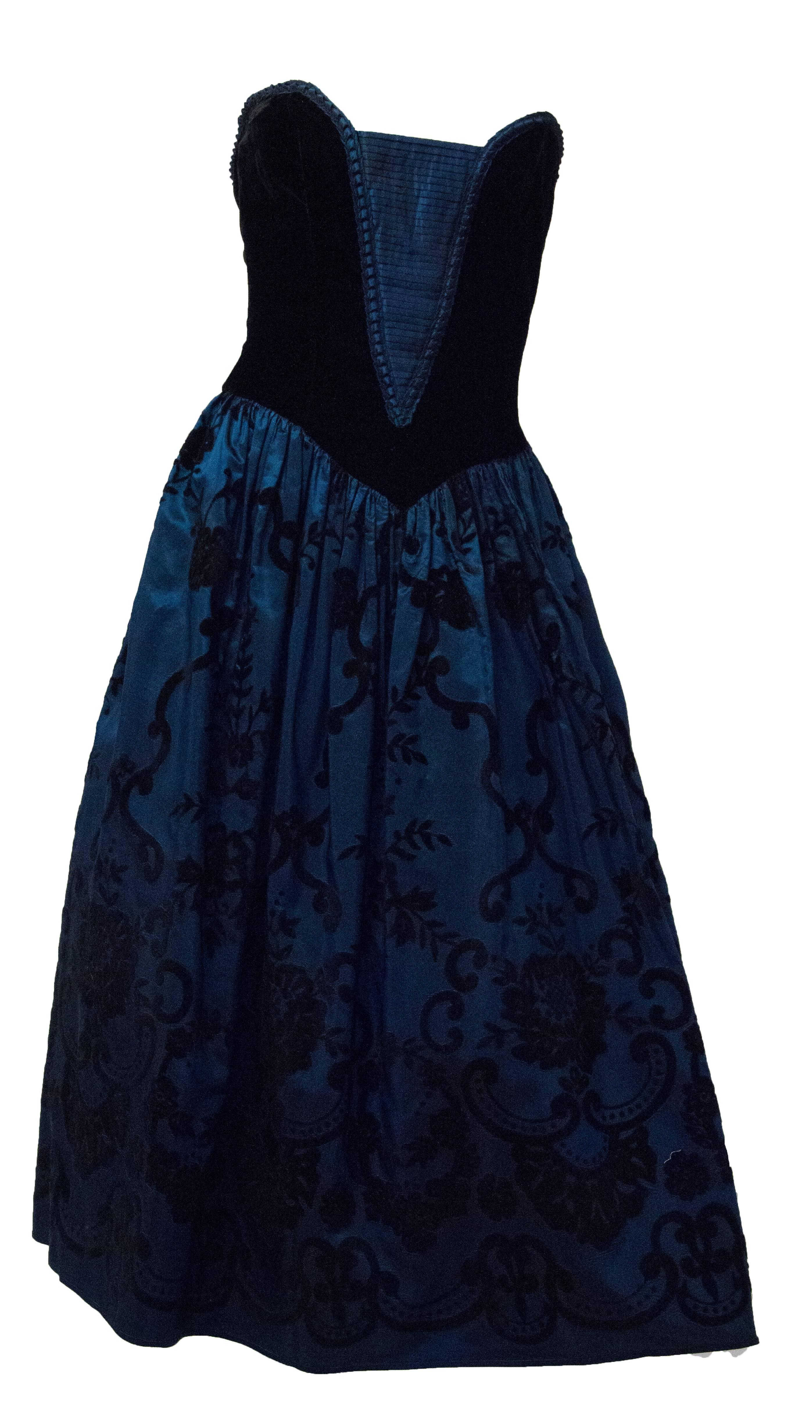 80s blue taffeta Scott McClintock strapless party dress with black velvet bodice and flocked skirt. Boning in bodice. Fully lined. Attached tulle petticoat.    