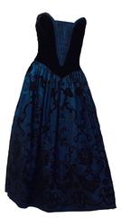80s Midnight Blue & Black Velvet Flocked Strapless Party Dress