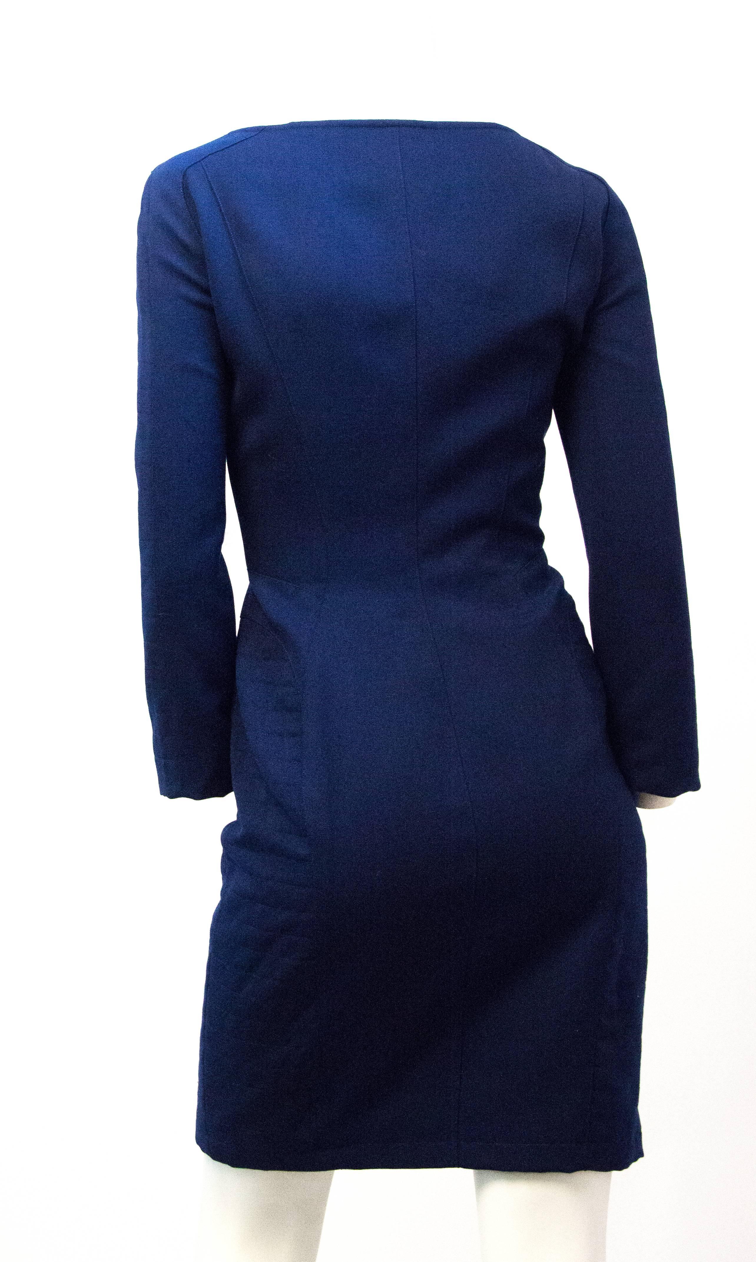 90s Mugler cobalt fitted coat dress. Quilted side and sleeve panels. Zippers up the front. Fully lined. 