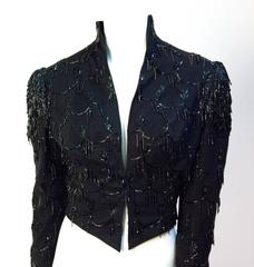 Victorian Black Wool jacket with Jet Bead Embellishment & Beaded Fringe Shoulder