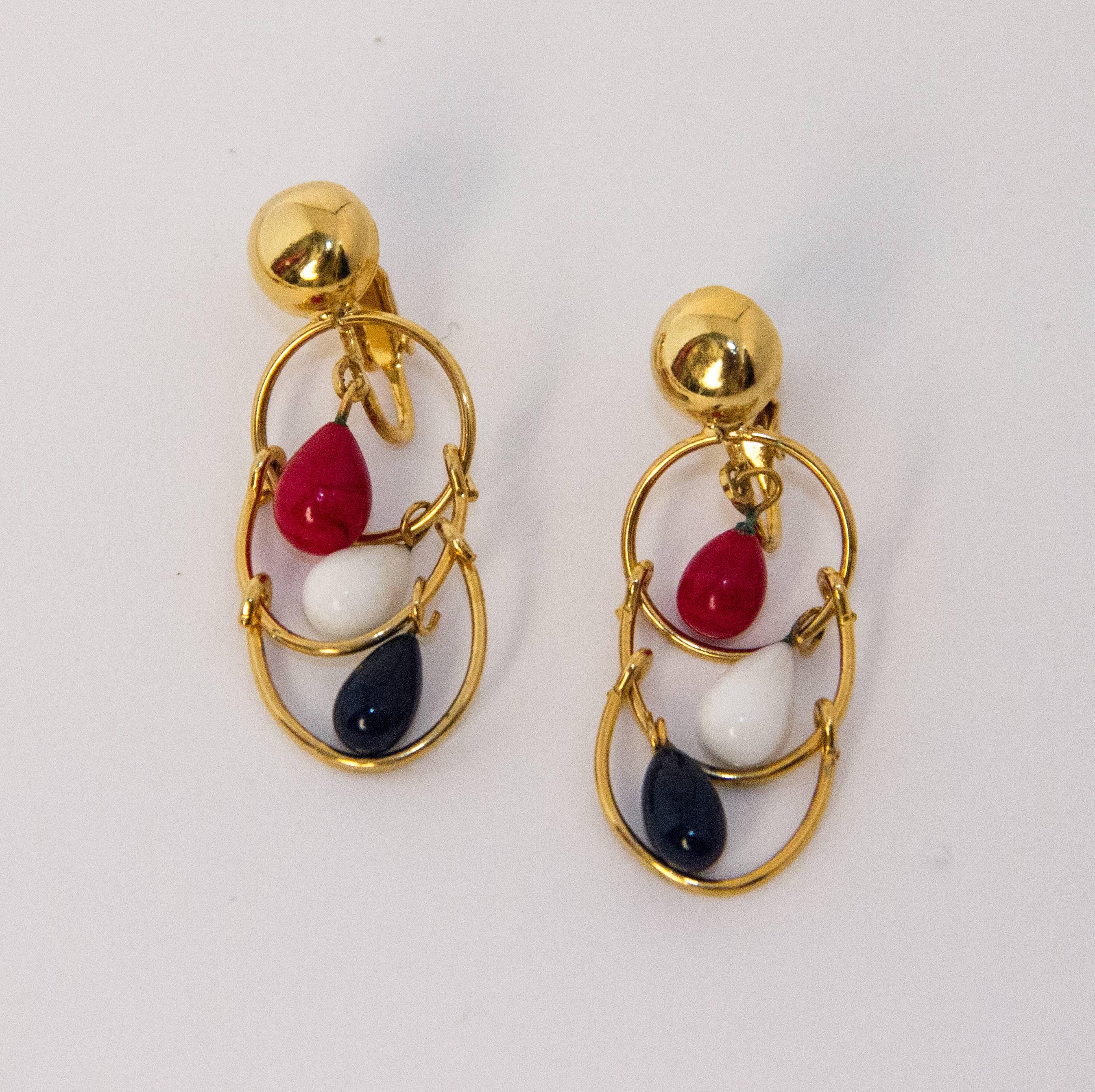 Modernist 60s Red White & Blue Gold Toned Necklace and Earring Set 