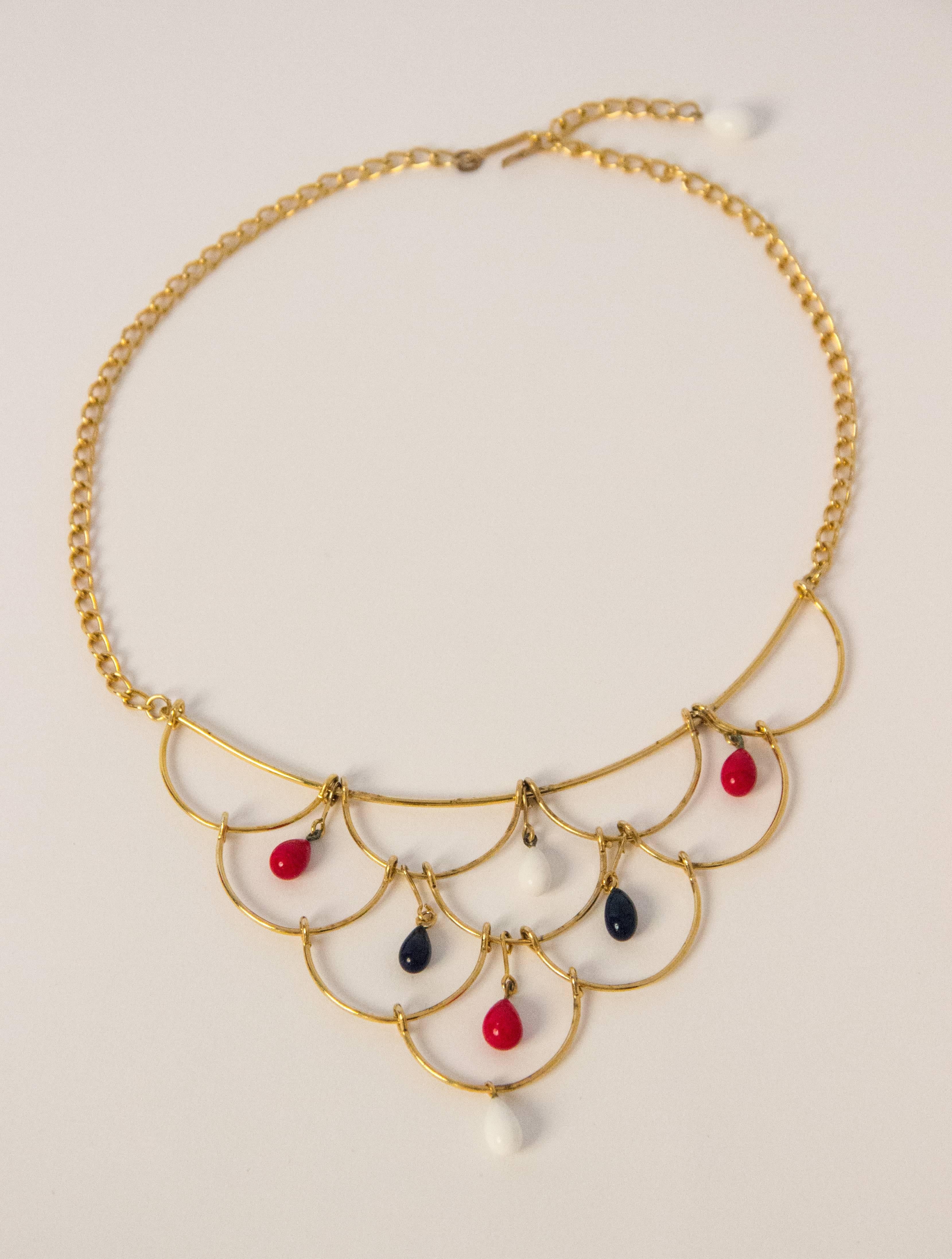 60s Red White & Blue Gold Toned Necklace and Earring Set  In Excellent Condition In San Francisco, CA
