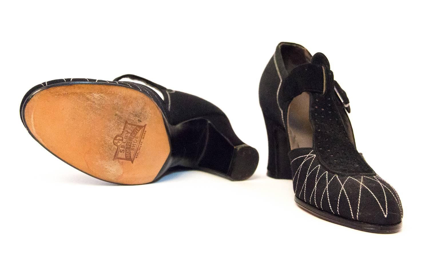 20s Black Cotton & Suede T-Strap Heels with White Stitching  2
