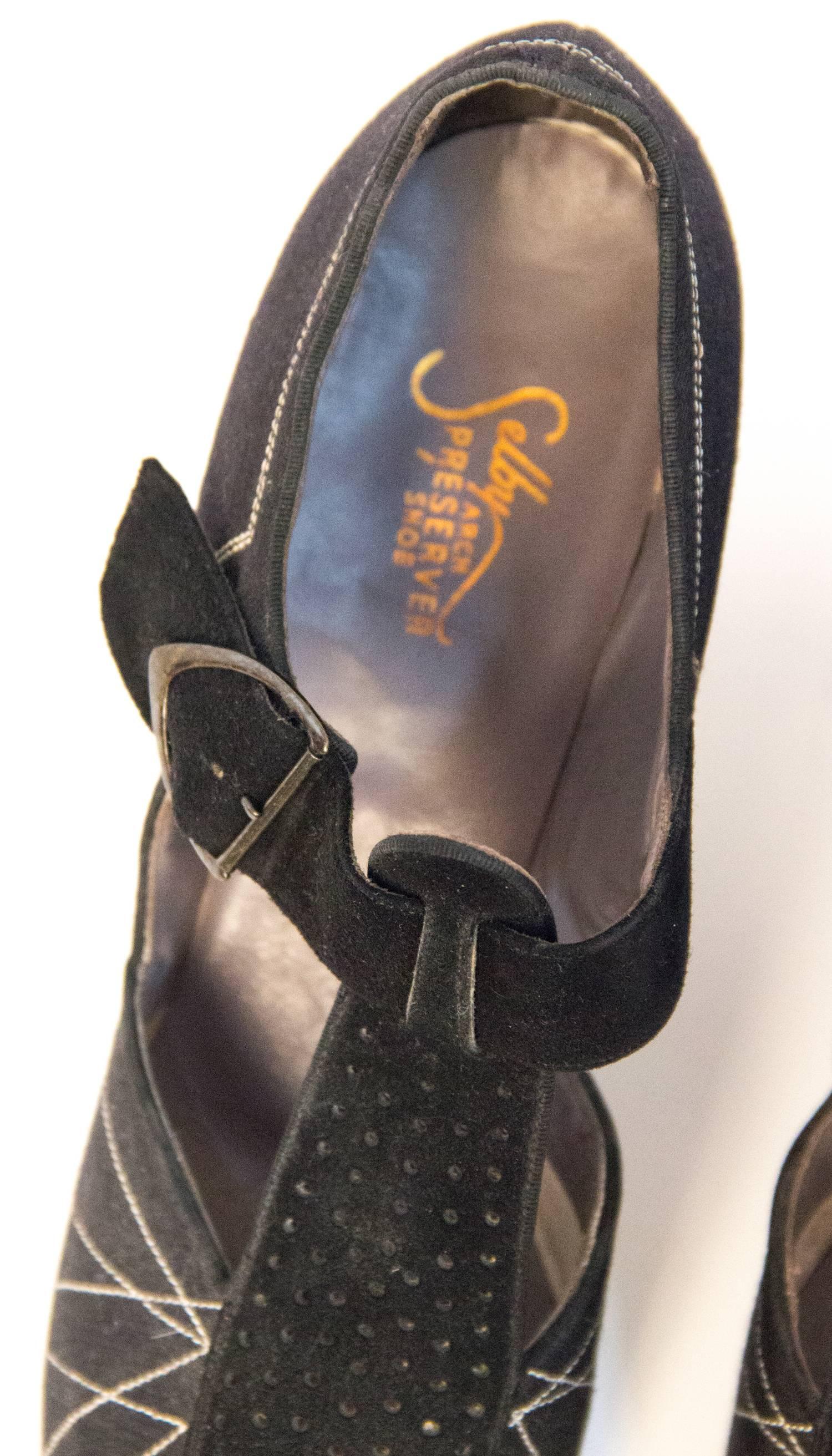 Women's 20s Black Cotton & Suede T-Strap Heels with White Stitching 