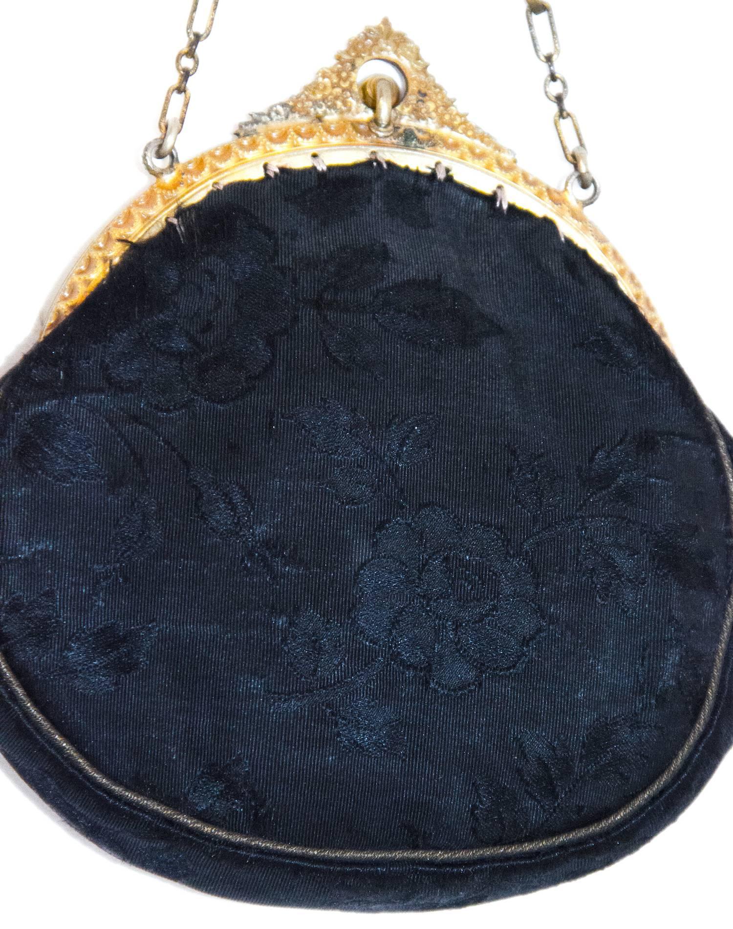 Edwardian Black Jacquard Pouch with Blue Glass Embellishments in Frame  In Good Condition In San Francisco, CA