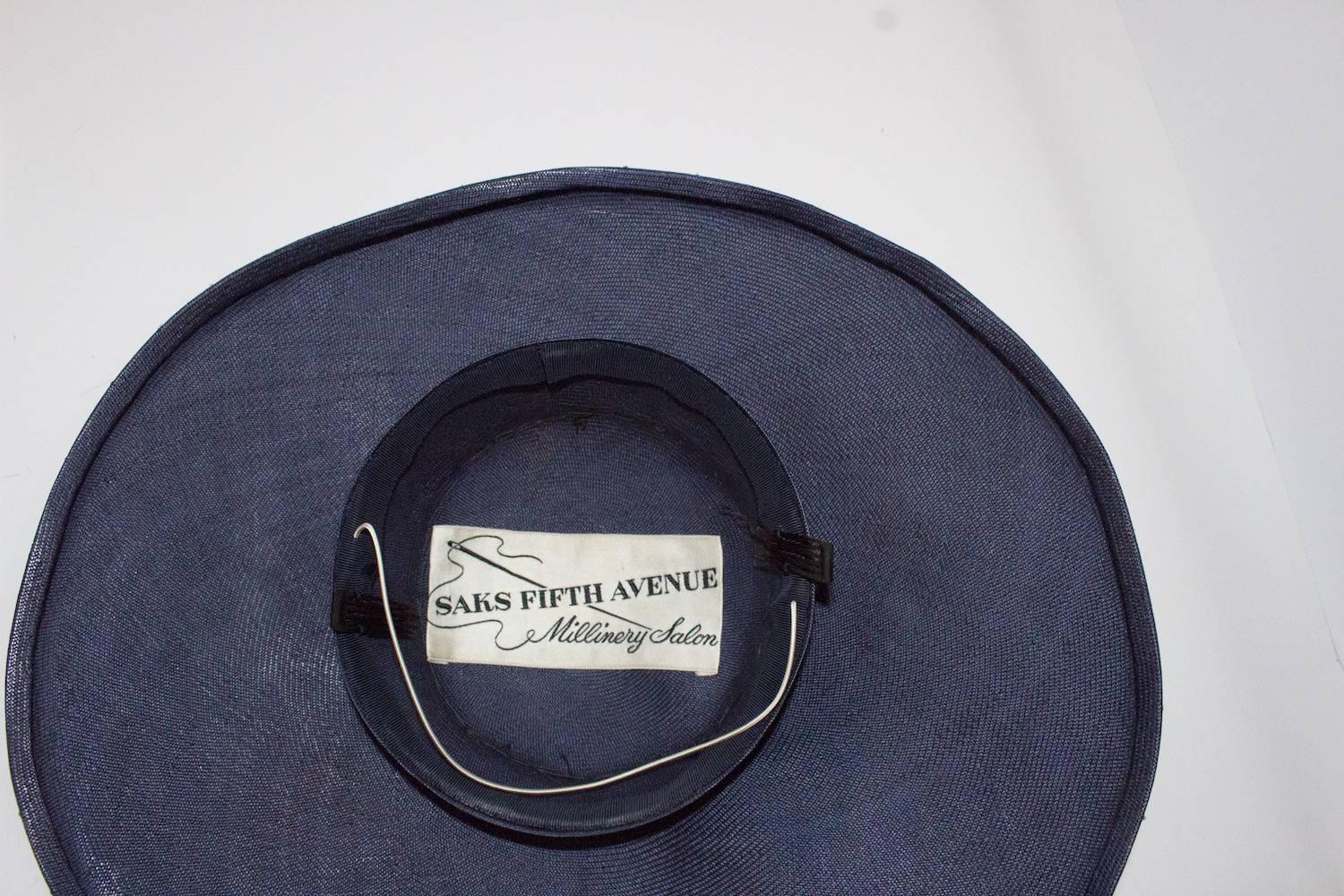 50s Navy Blue Woven Straw Wide Brim Hat with Fruit Adornment  In Excellent Condition In San Francisco, CA