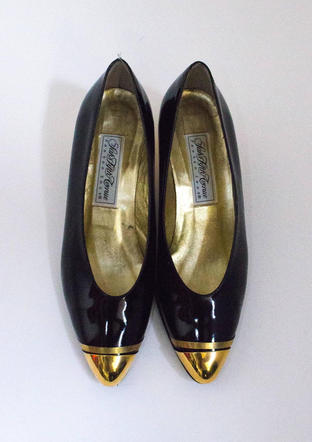 80s Black Patent Leather Heels with Gold Toe Caps ad Heels For Sale at ...