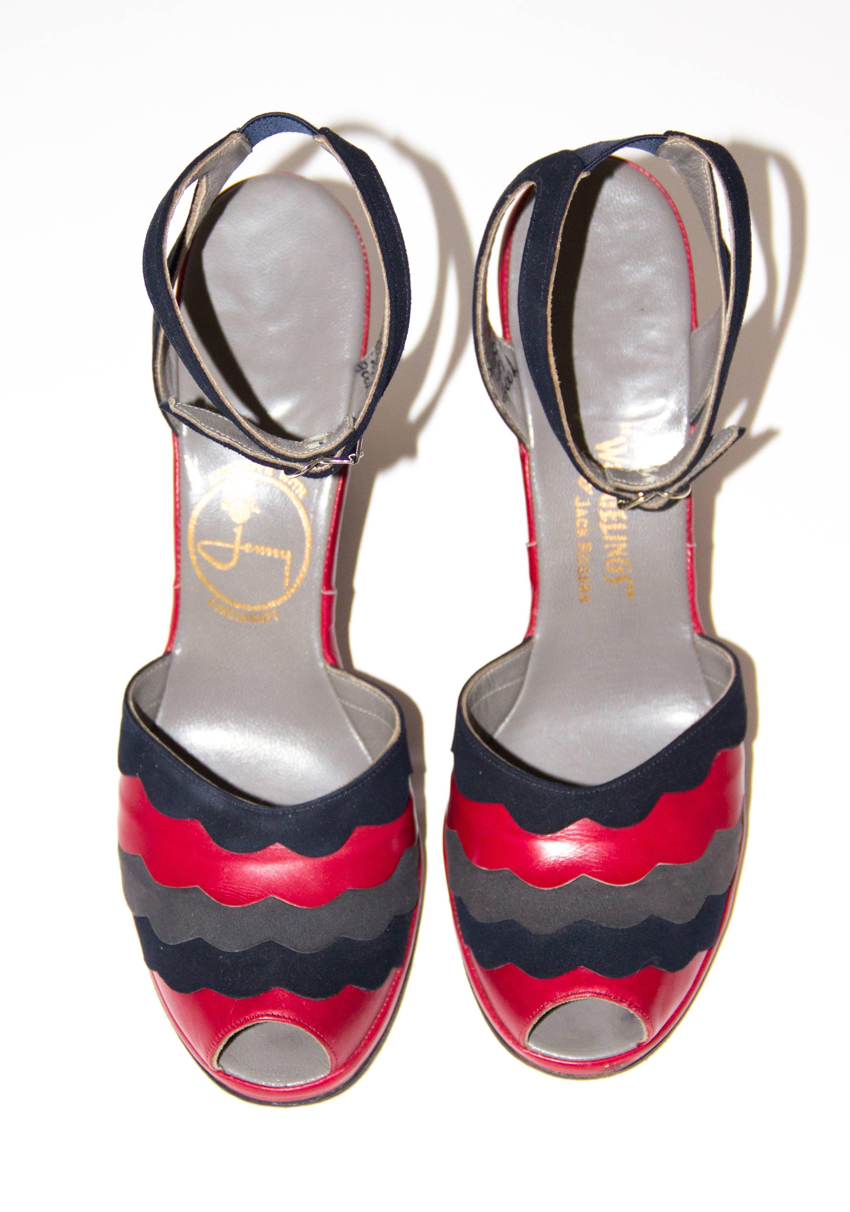 40s Red, Grey & Navy Blue Wedges Size 6. Suede and leather. Leather soles. 

Measurements:
Insole: 9 1/2