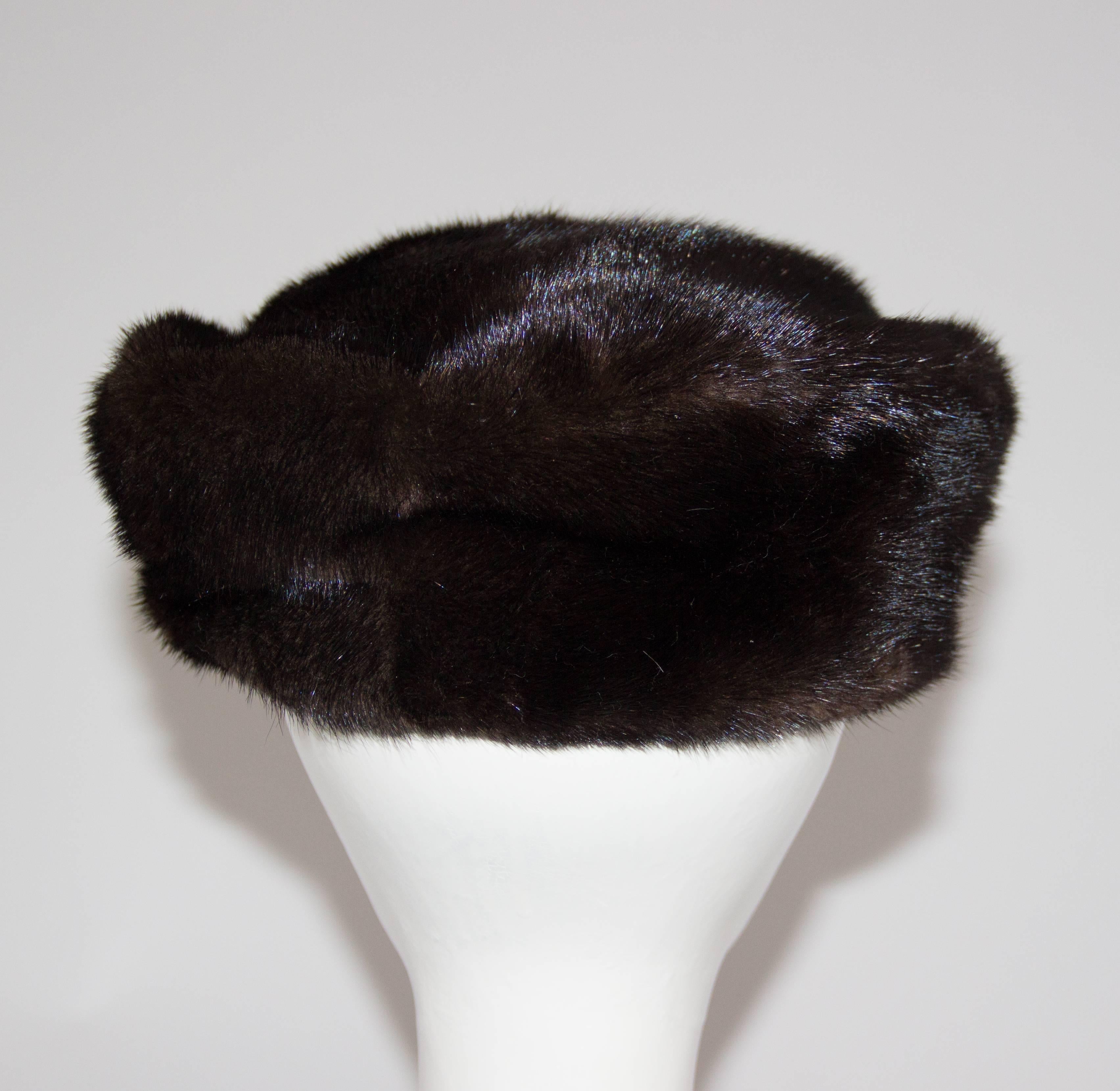Gray 60s Chocolate Brown Mink Pillbox  For Sale