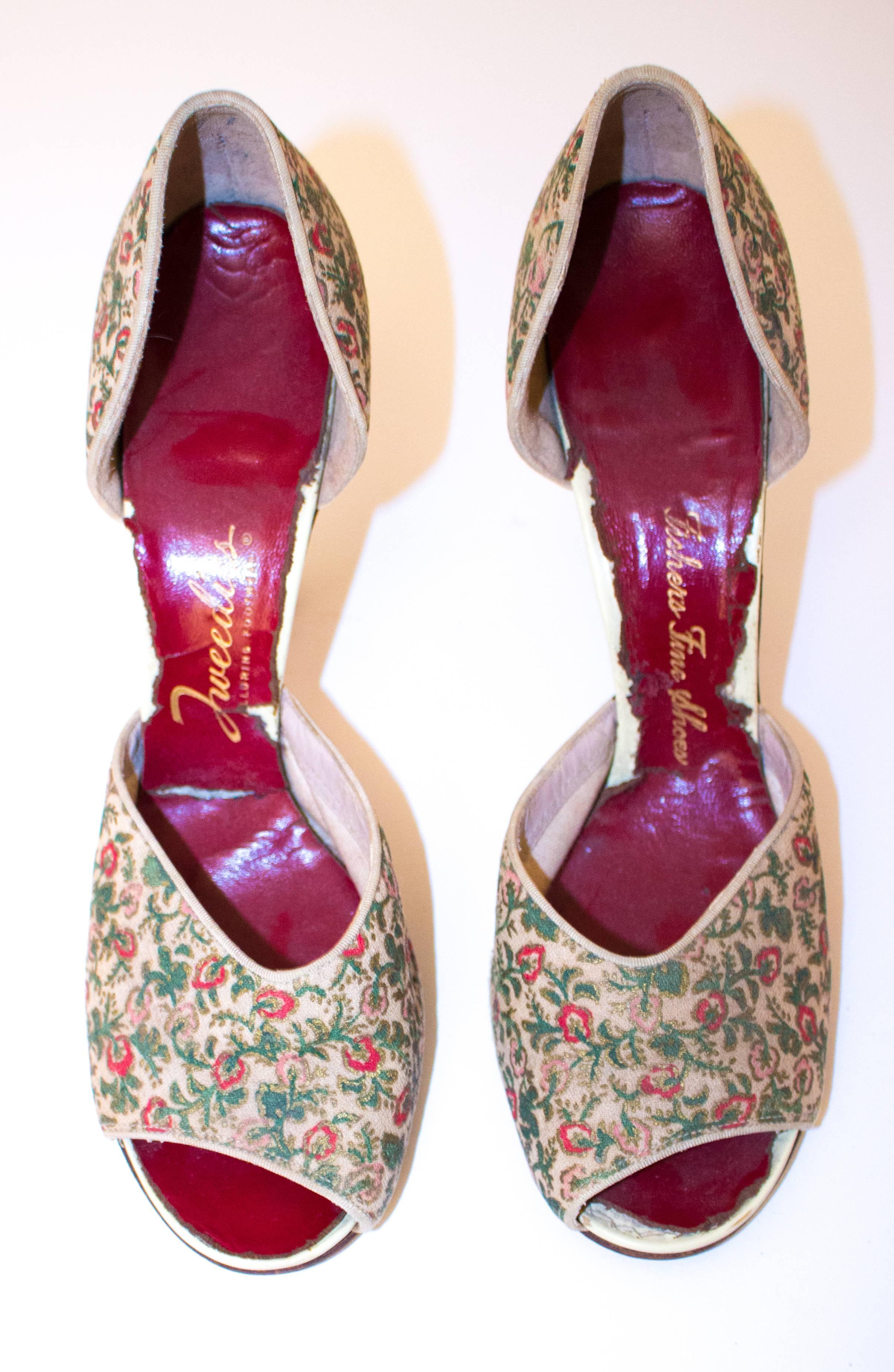 50s Red, Pink & Green Floral Peep-toe Heels. Leather soles. 

Measurements:
Insole: 10"
Width: 3"
Heel Height: 3 3/4"