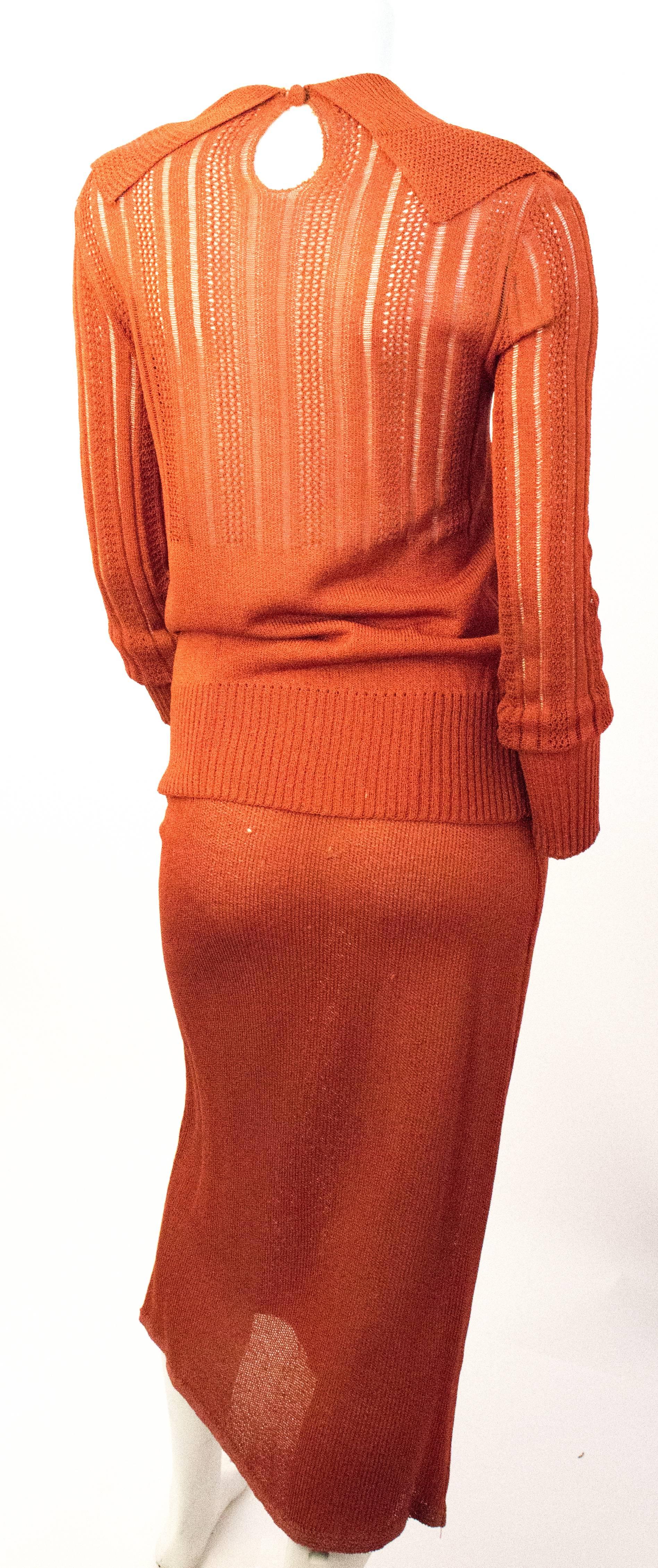 30s Orange Knit Midi Skirt Suit with Collar & Tassel. Skirt hooks along the top 5 1/4