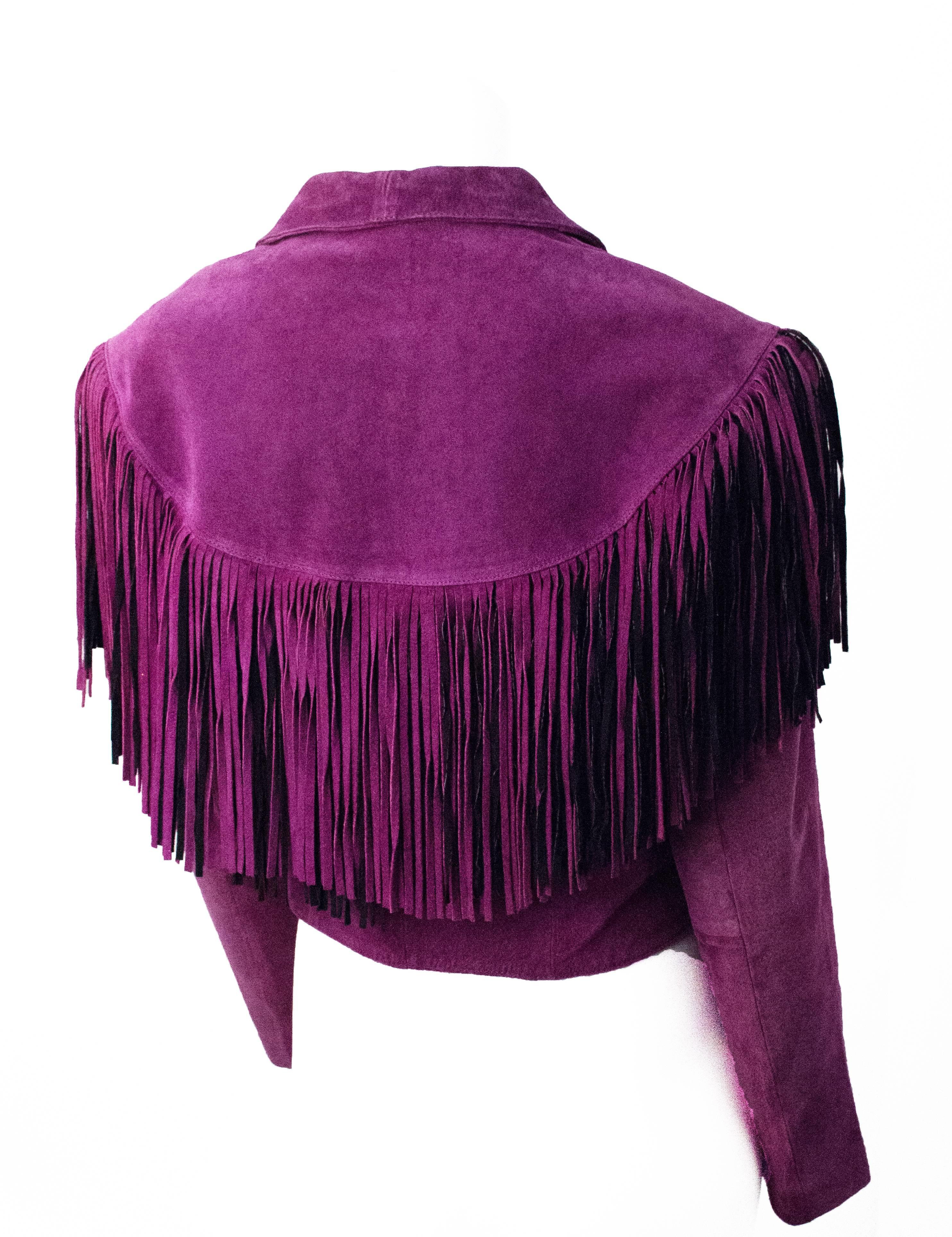 80s Purple Fringed Suede Cropped Jacket. Fully lined. Button closure. 