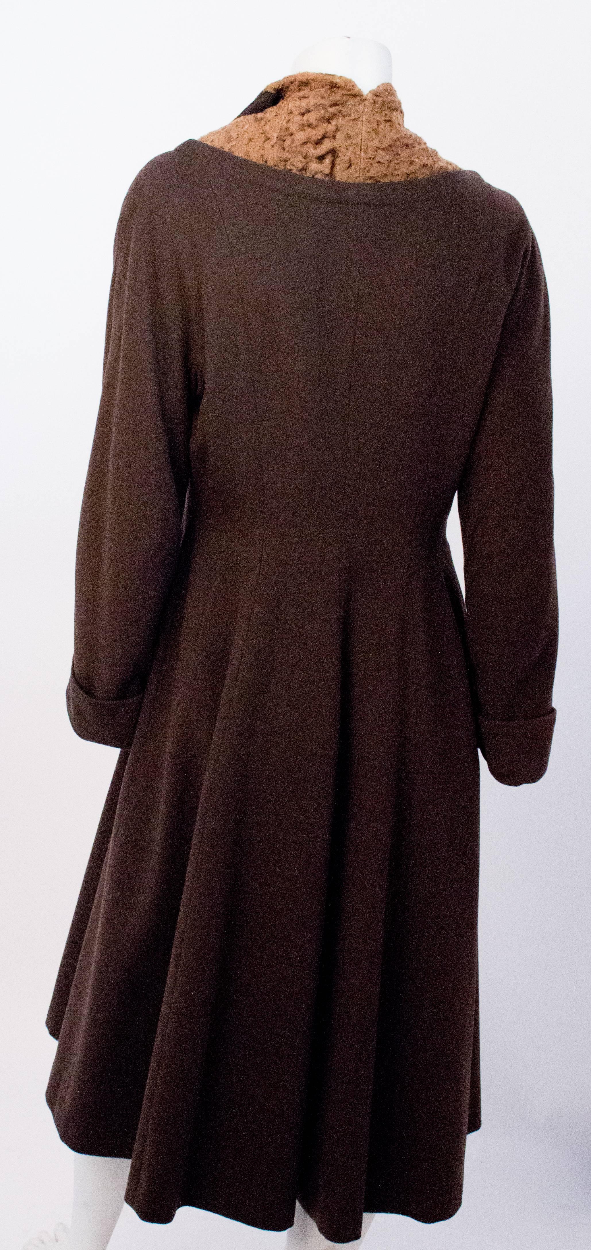 30s Brown Wool Princess Coat with Lamb Embellishment. Pockets. Fully lined in satin. 

