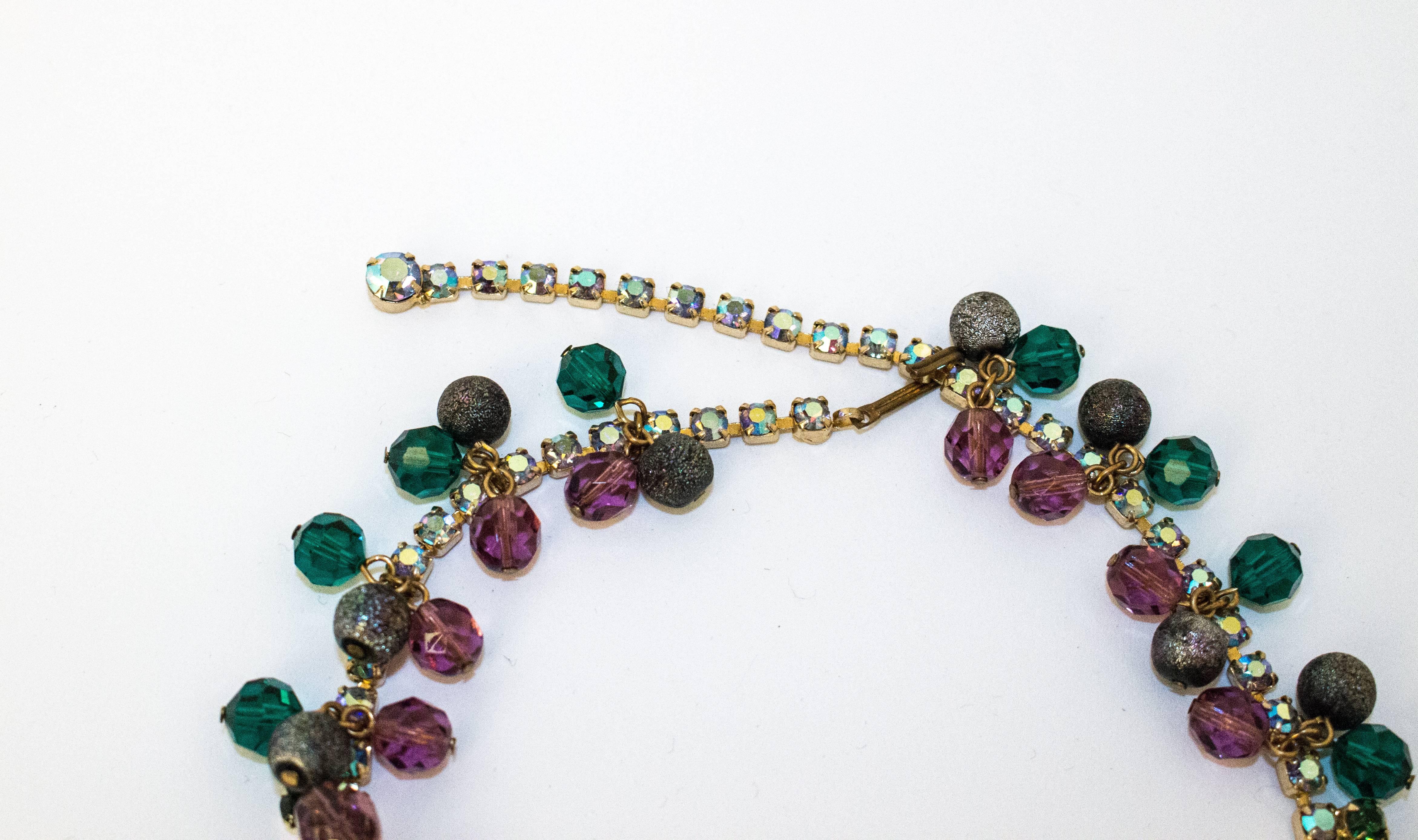 50s Purple & Green Beaded Rhinestone Necklace and Earrings Set  In Excellent Condition In San Francisco, CA