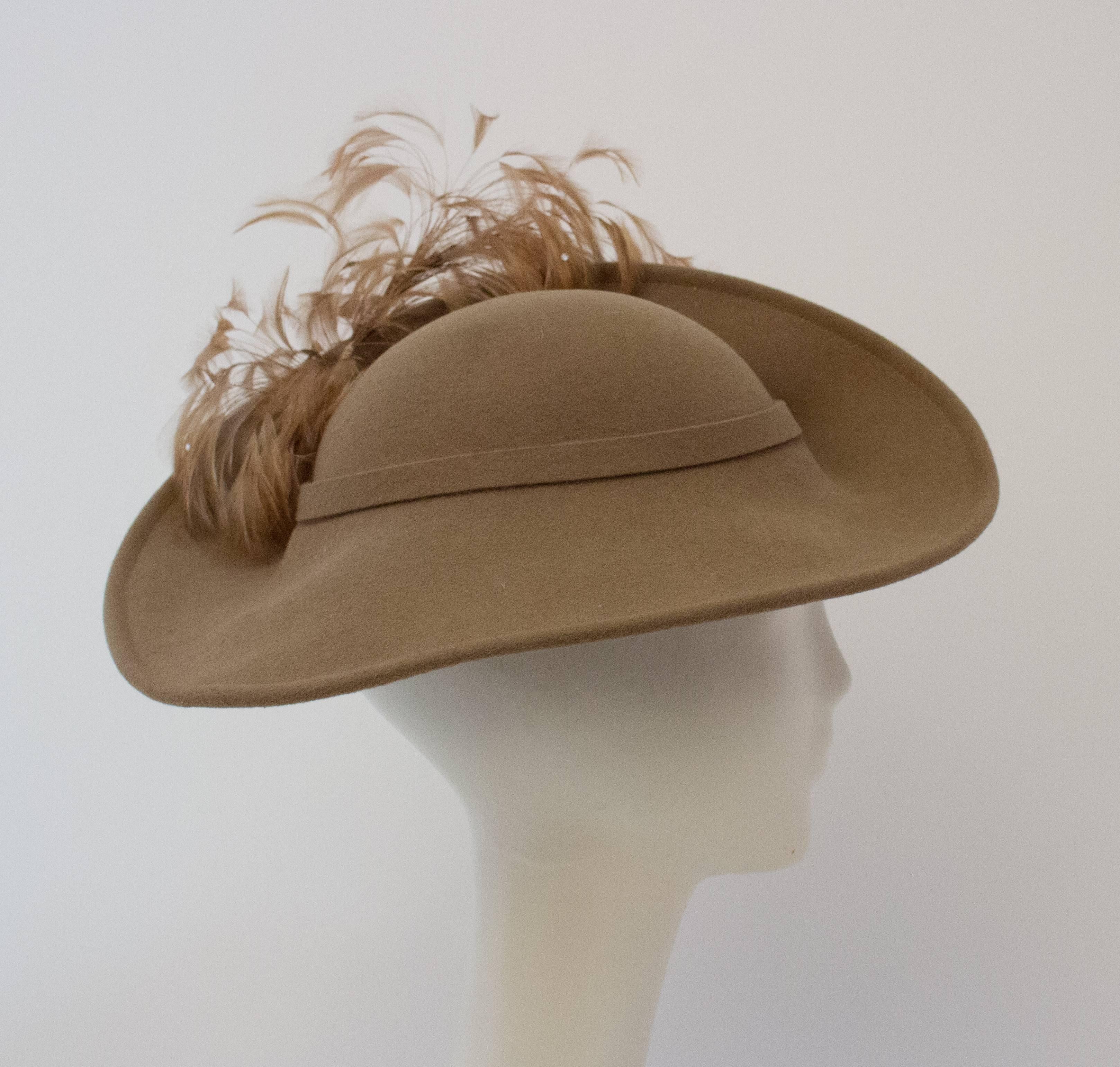 1980's Jack McConnell taupe hat. 100% wool with gros grain hat band. 100% wool and 21