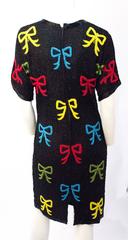 80s Black Beaded Dress with Red, Blue, Green & Yellow Bows