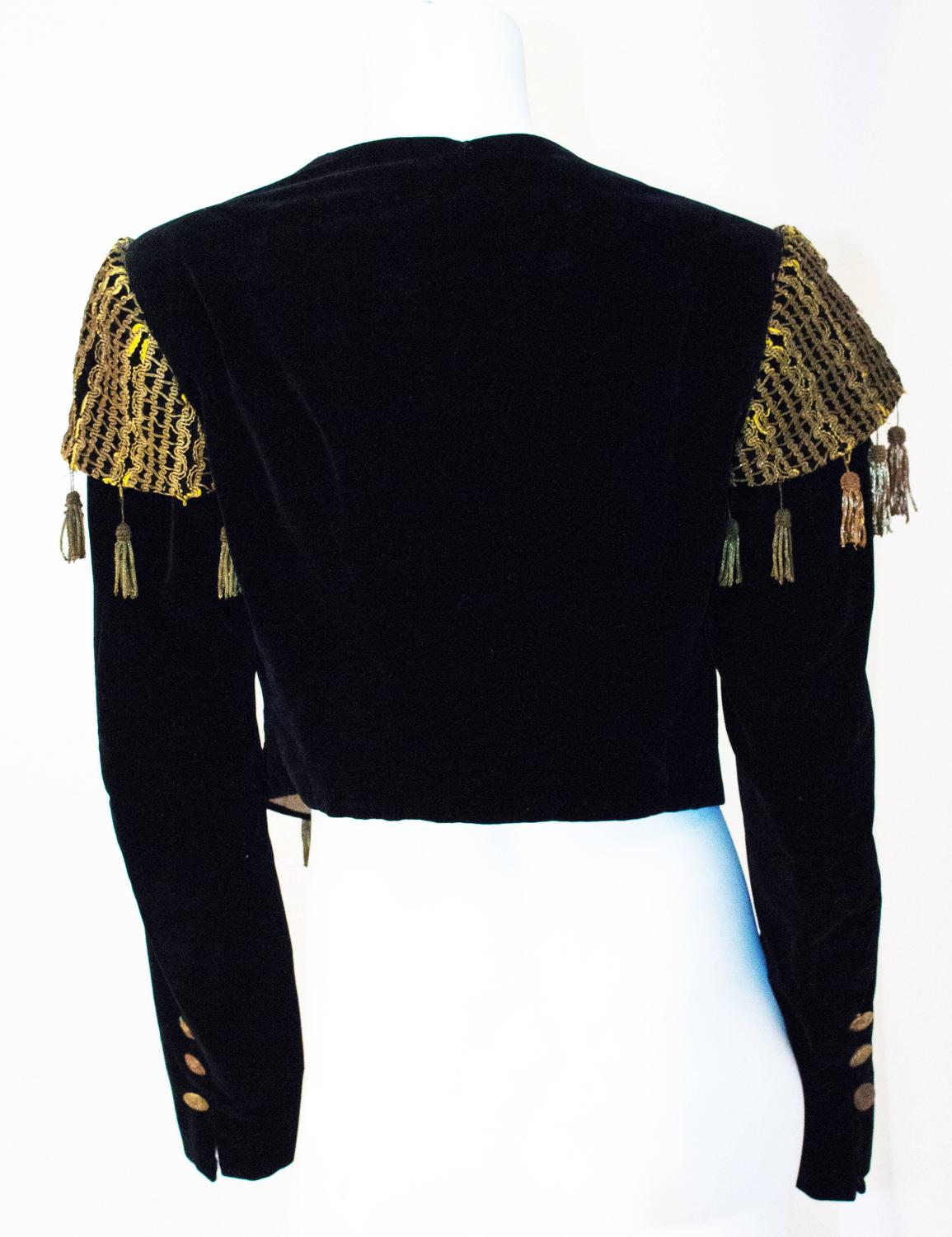 20s Black Velvet Matador Bolero Jacket with Gold Metal Tassels and