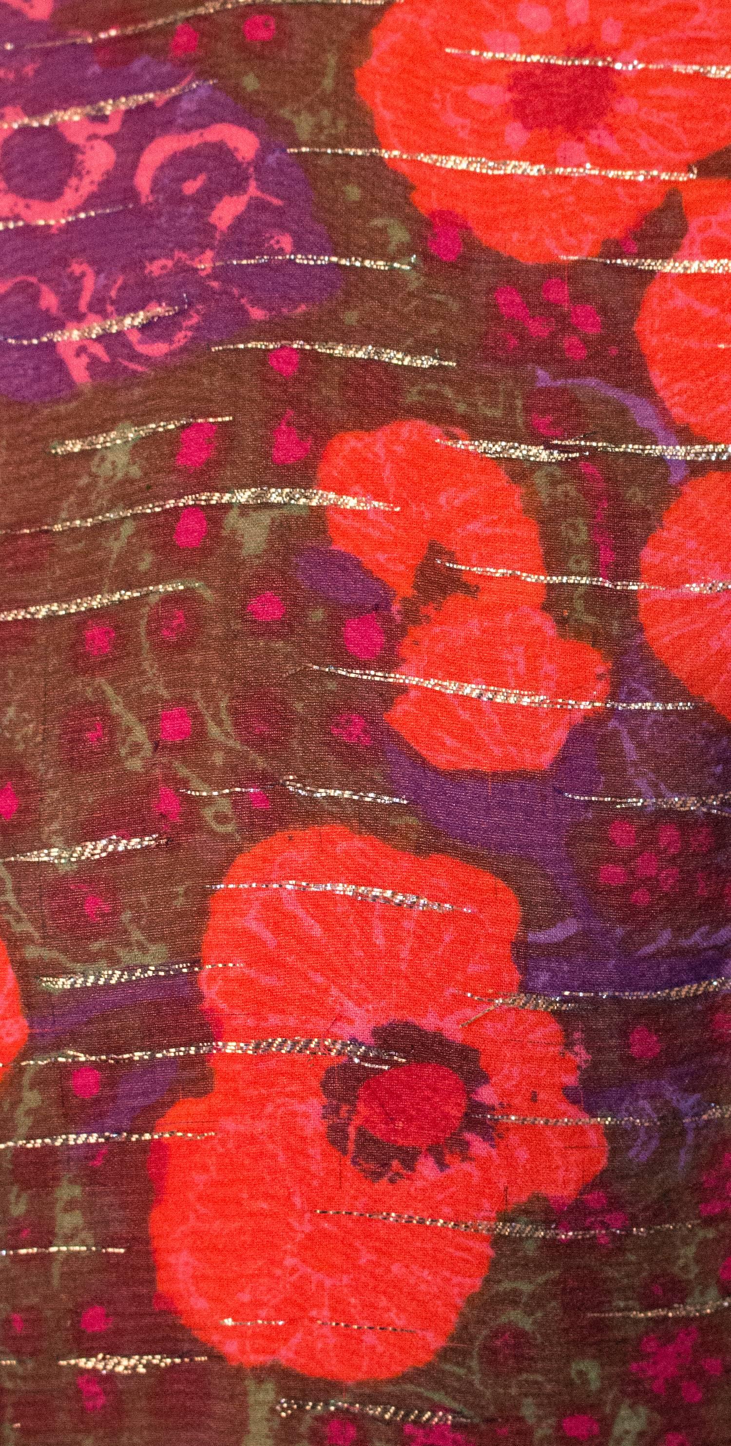 Women's 60s Purple & Orange Pauline Trigere Floral Long Sleeve Silk Chiffon Dress