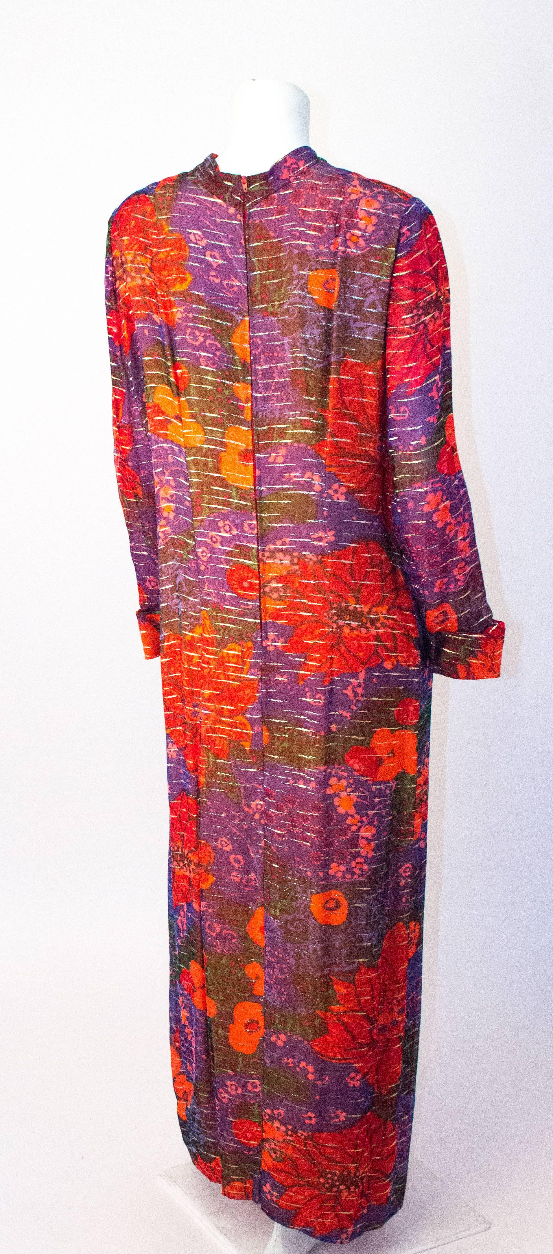 Pink 60s Purple & Orange Pauline Trigere Floral Long Sleeve Silk Chiffon Dress