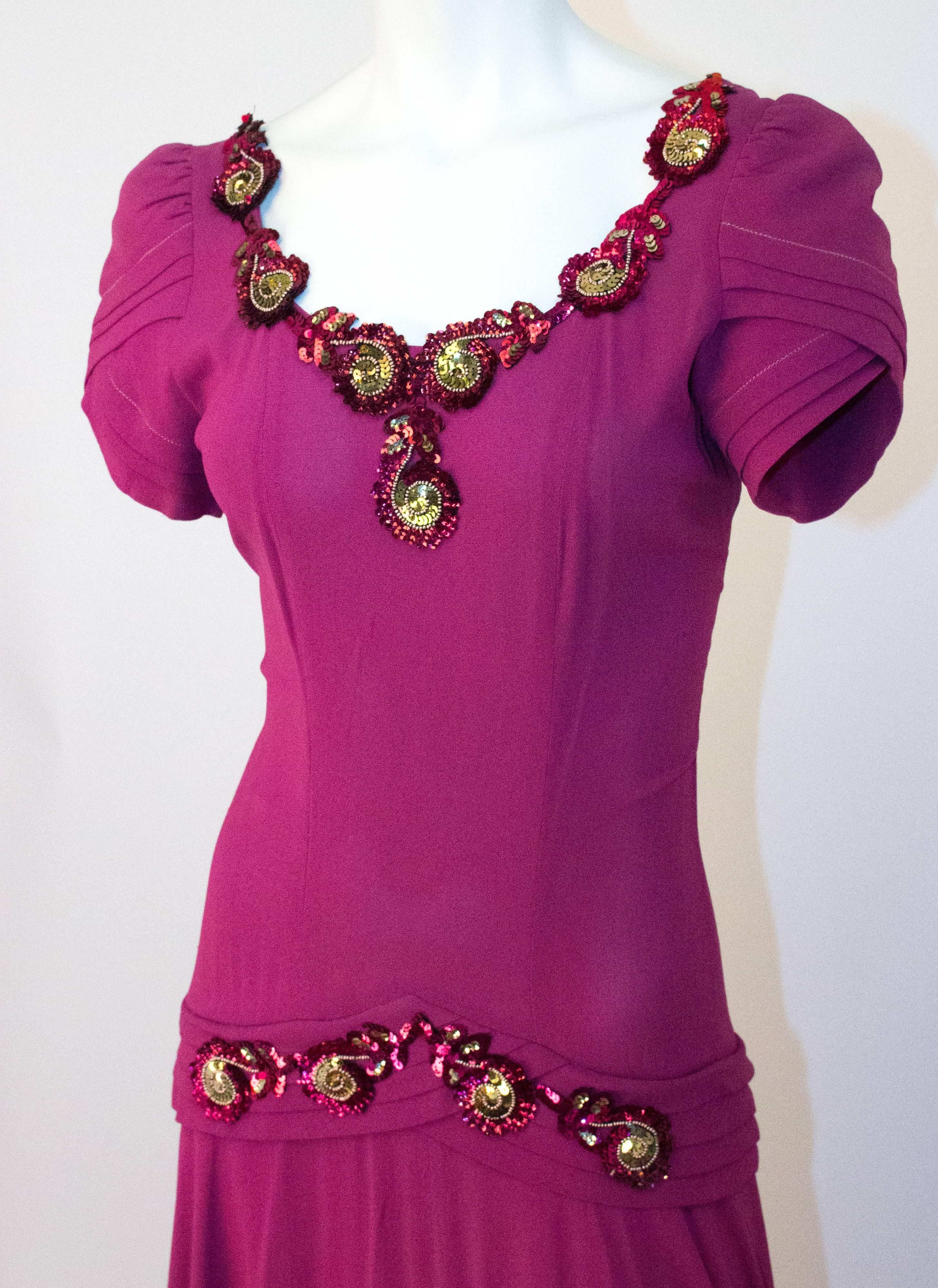 Purple 40s Magenta Bias Cut Crepe Gown with Sequined Appliqué  