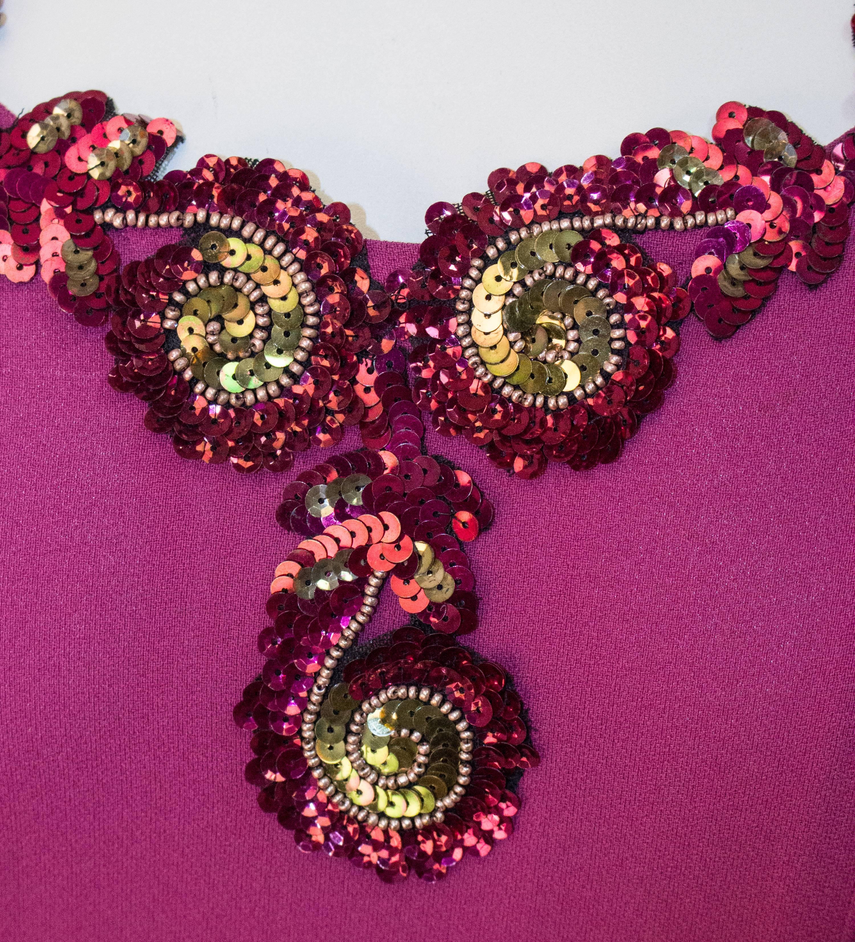 40s Magenta Bias Cut Crepe Gown with Sequined Appliqué   In Good Condition In San Francisco, CA