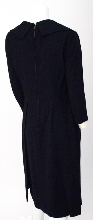 50s Black Wool V Neck 3/4 Sleeve Fitted Dress For Sale at 1stDibs