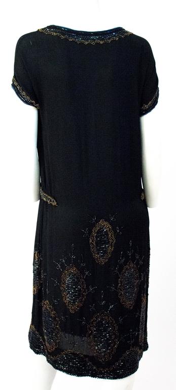 20s Black Silk Drop Waist Dress with Gold and Green Beading For Sale at ...