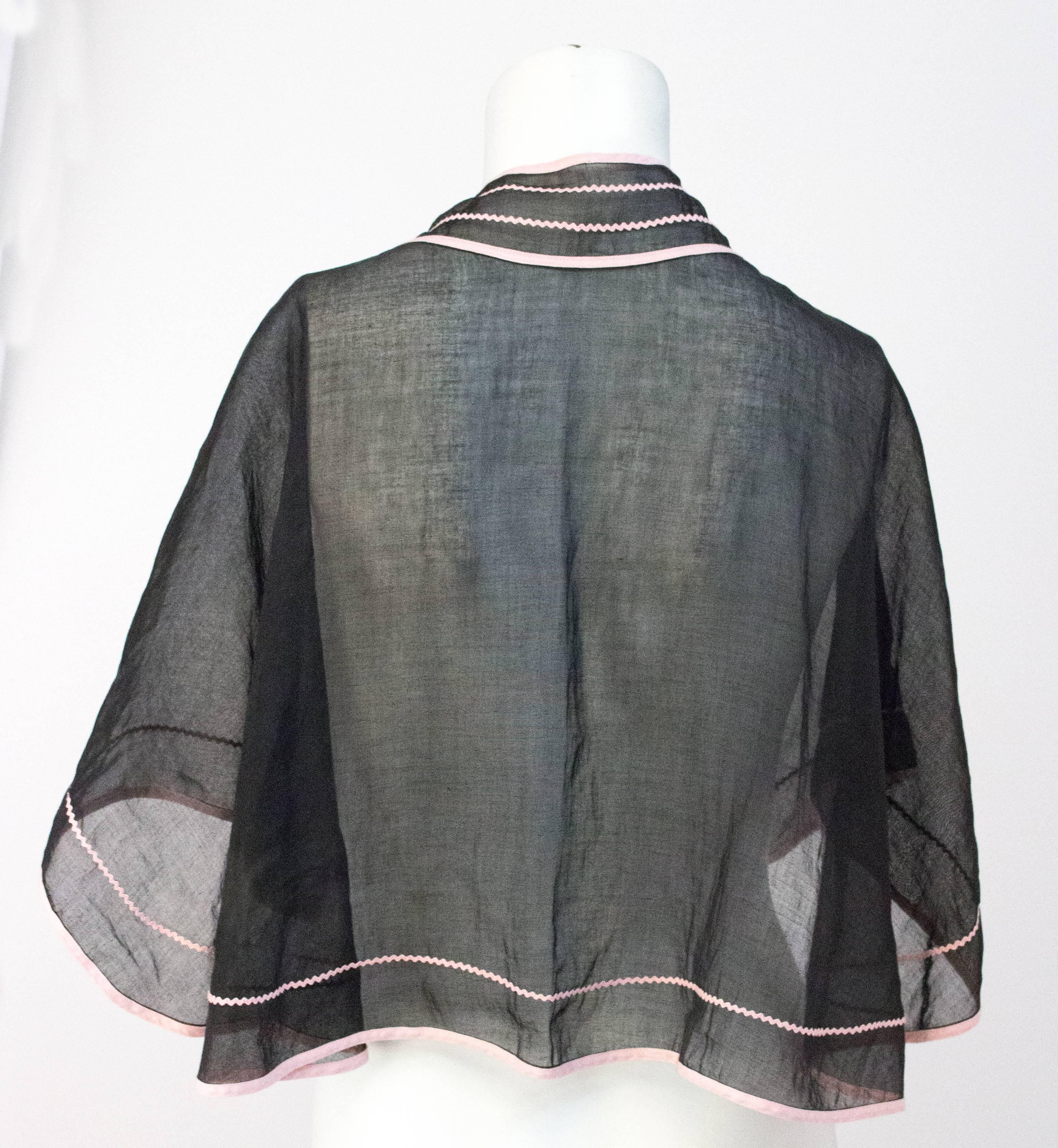 30s Black Silk Voile Capelet with Pink Trim  In Good Condition For Sale In San Francisco, CA