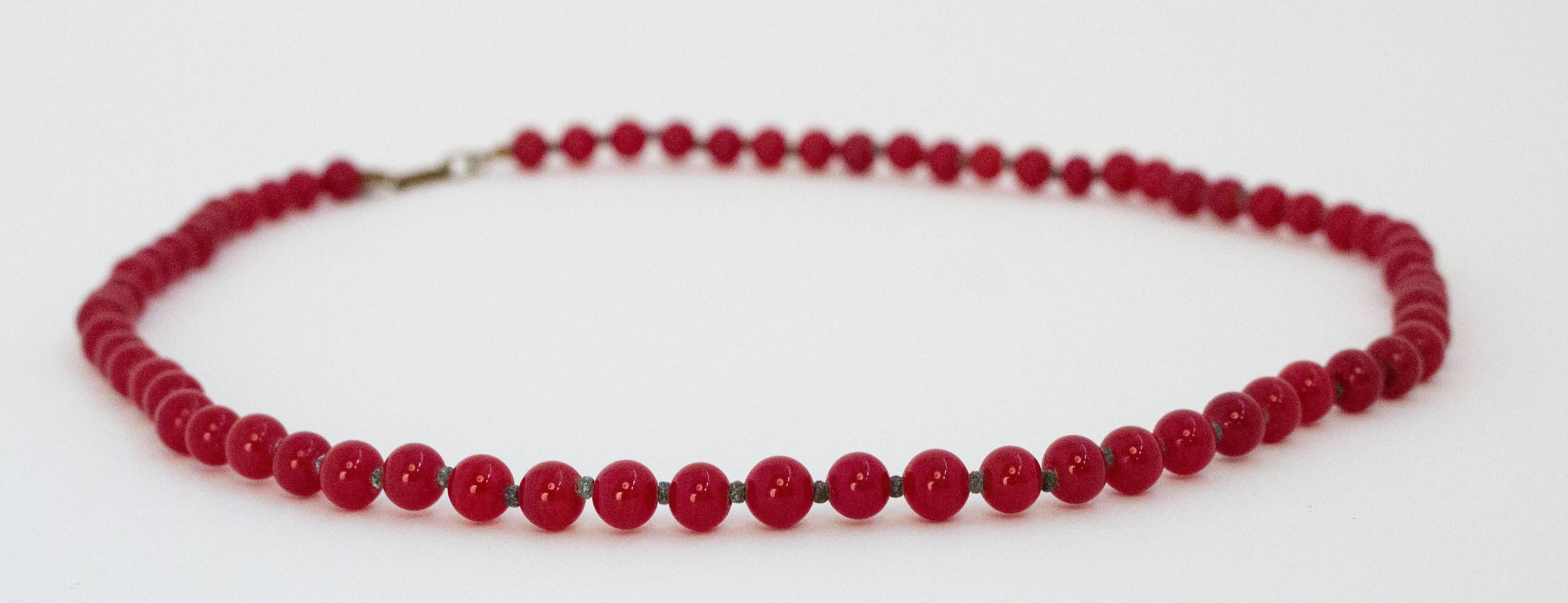 50s Miriam Haskell Red Glass Bead Necklace. Oxidized metal spacers in between the glass beads. 

