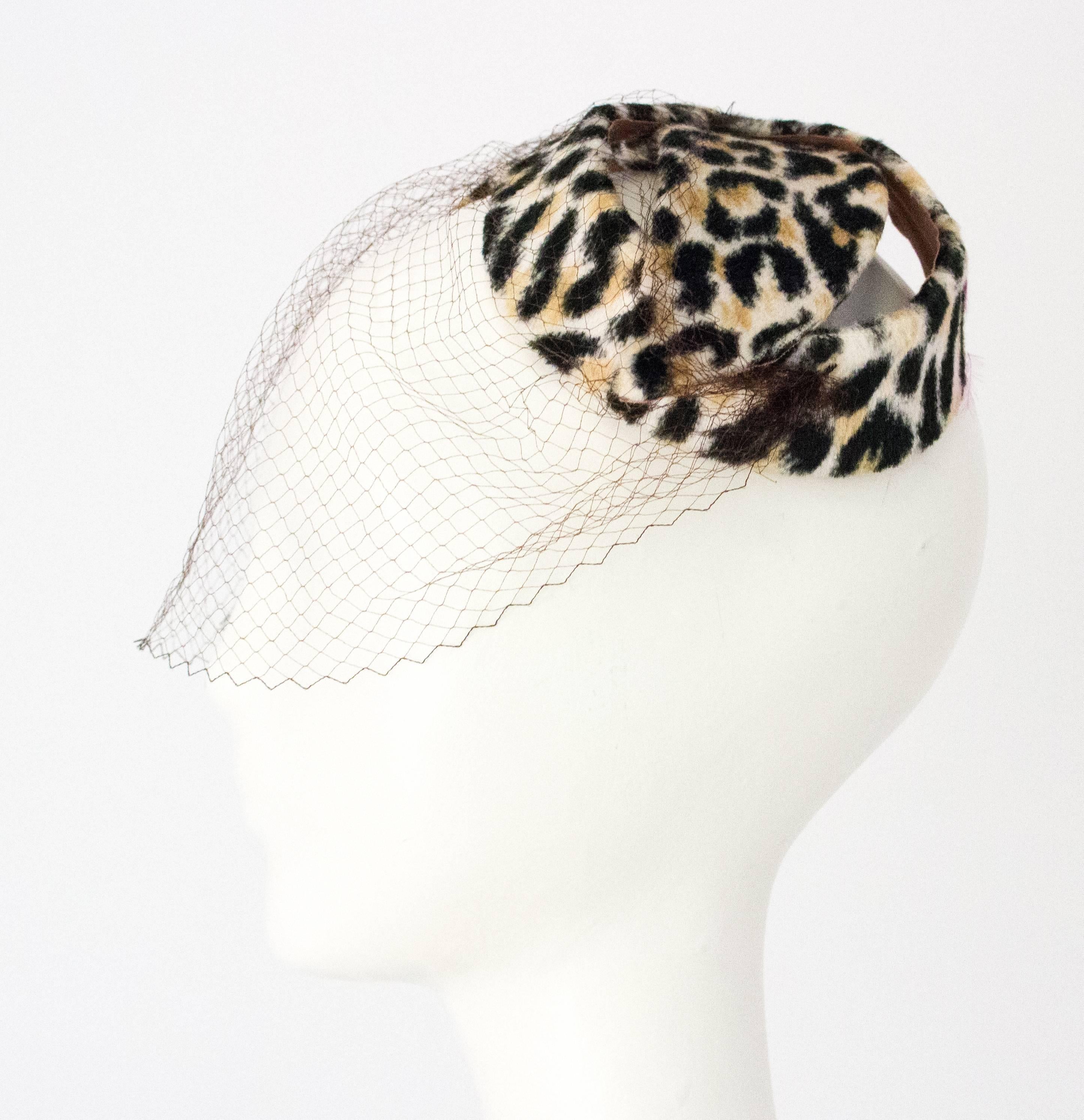 50s Velvet Leopard Print Bow Shaped Hat with Net In Excellent Condition In San Francisco, CA