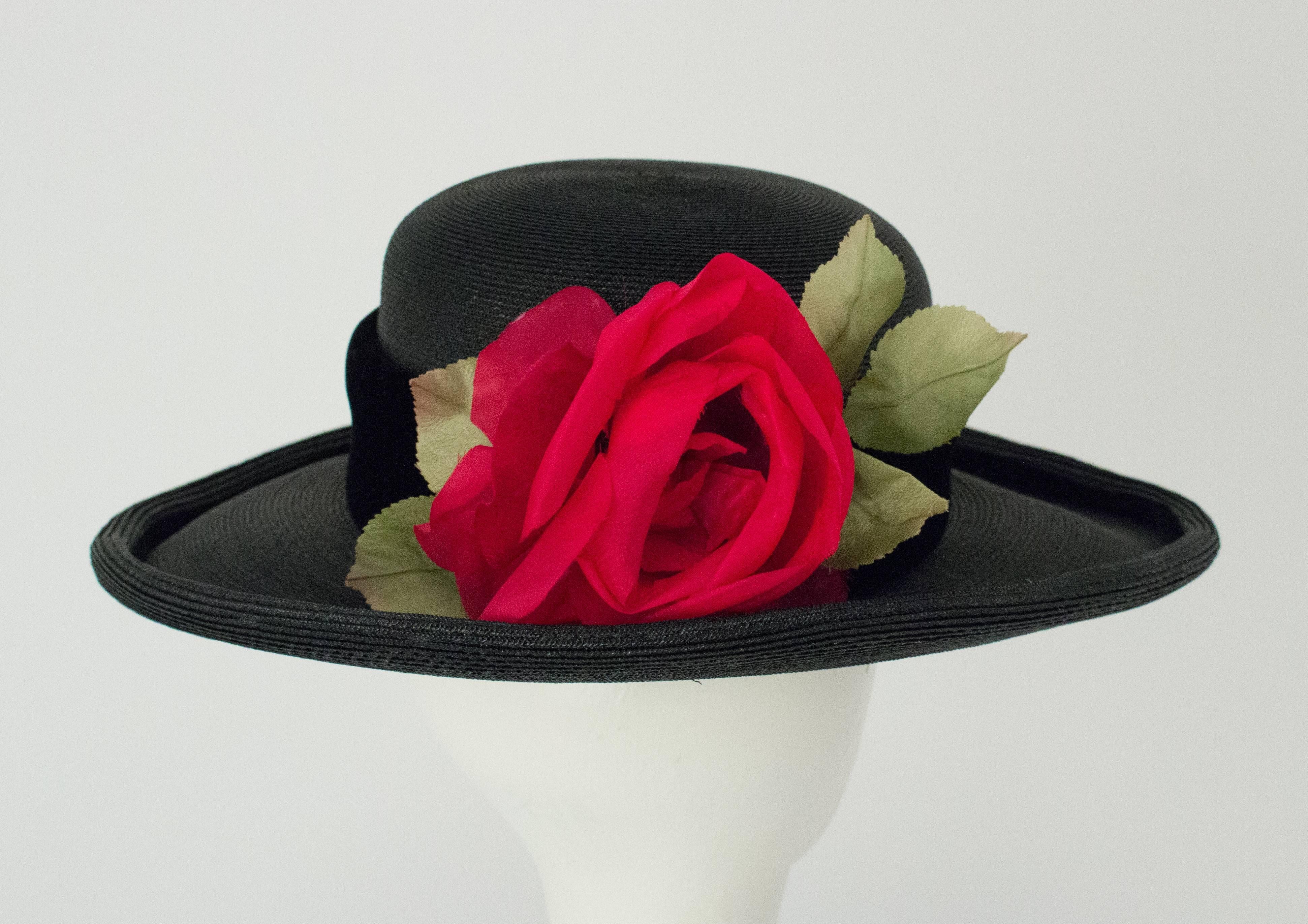 Women's 80s Christian Dior Black Straw Wide Brim Hat with Velvet Trim and Red Rose