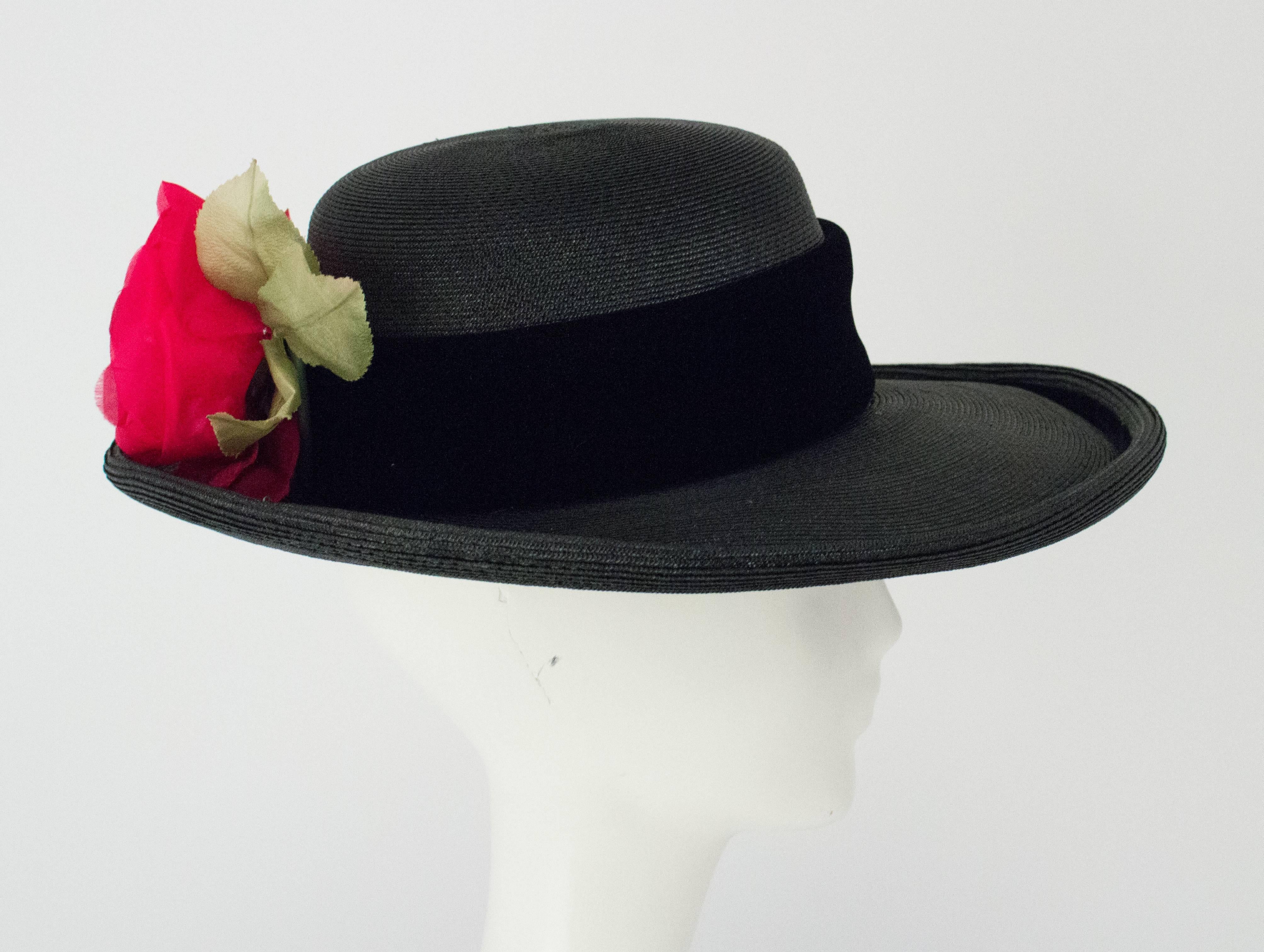 80s Christian Dior Black Straw Wide Brim Hat with Velvet Trim and Red Rose In Excellent Condition In San Francisco, CA