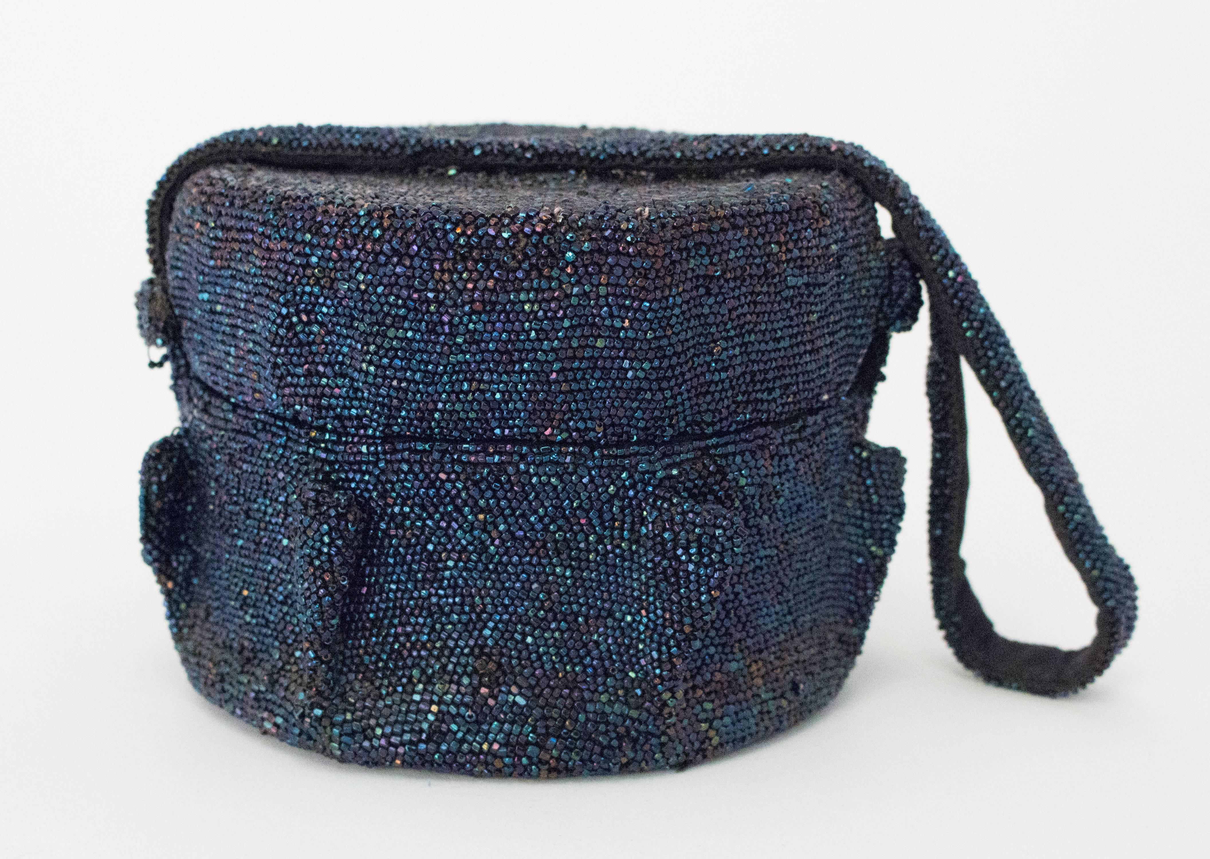40s Blue Iridescent Round Beaded Handbag In Excellent Condition In San Francisco, CA