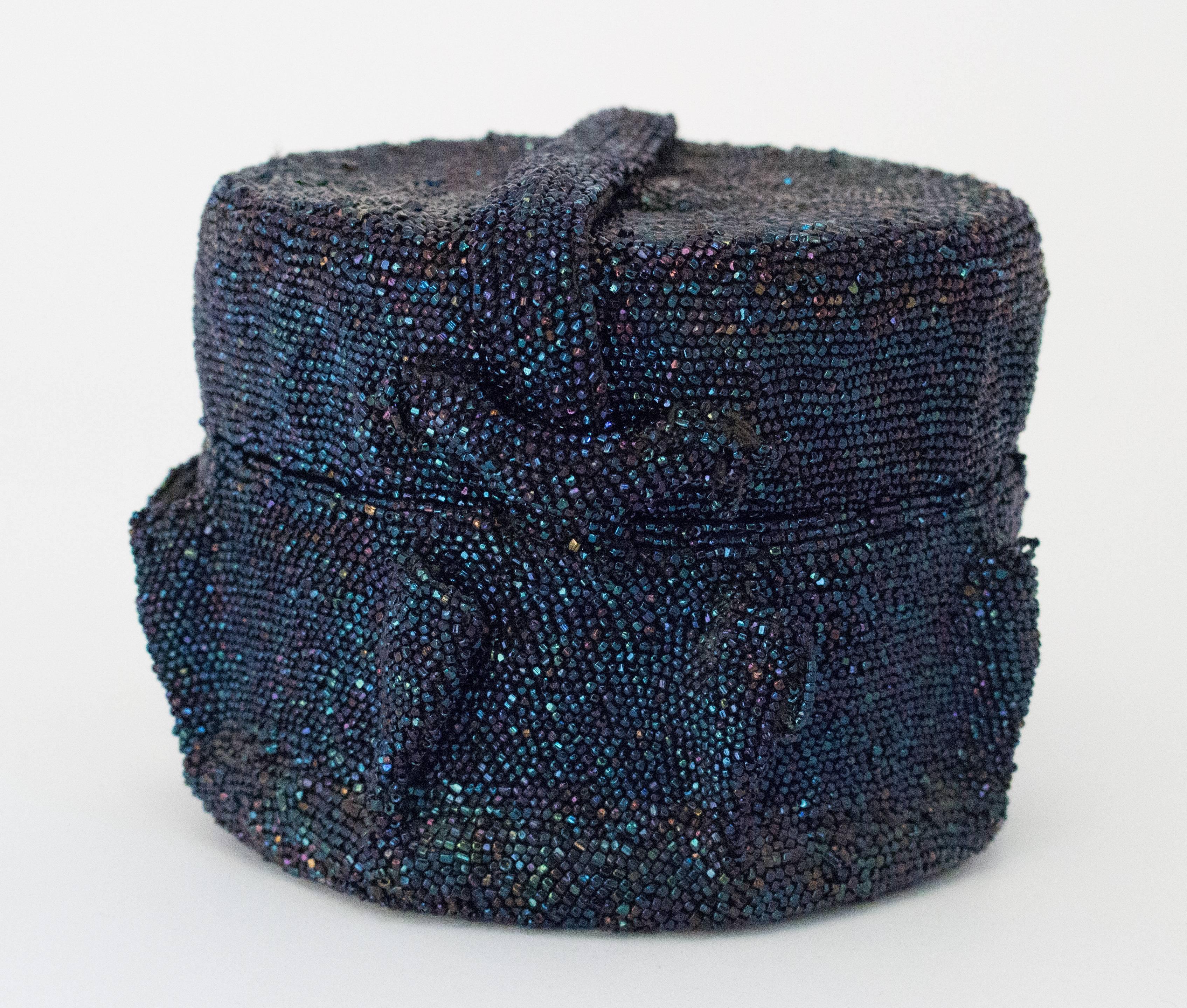 Black 40s Blue Iridescent Round Beaded Handbag