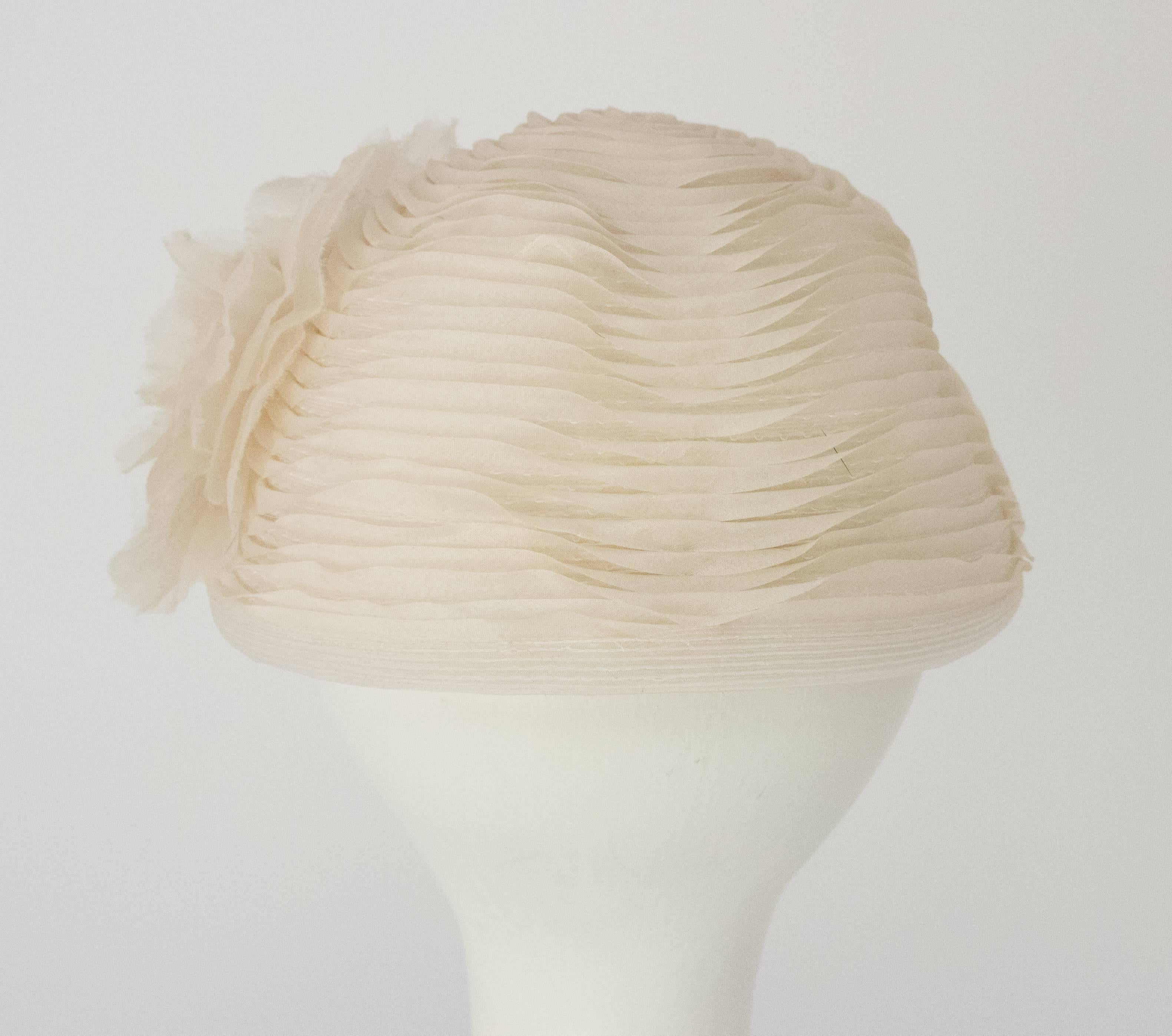 50s Schiaparelli White Organza & Horsehair Hat with Flower Adornment  1