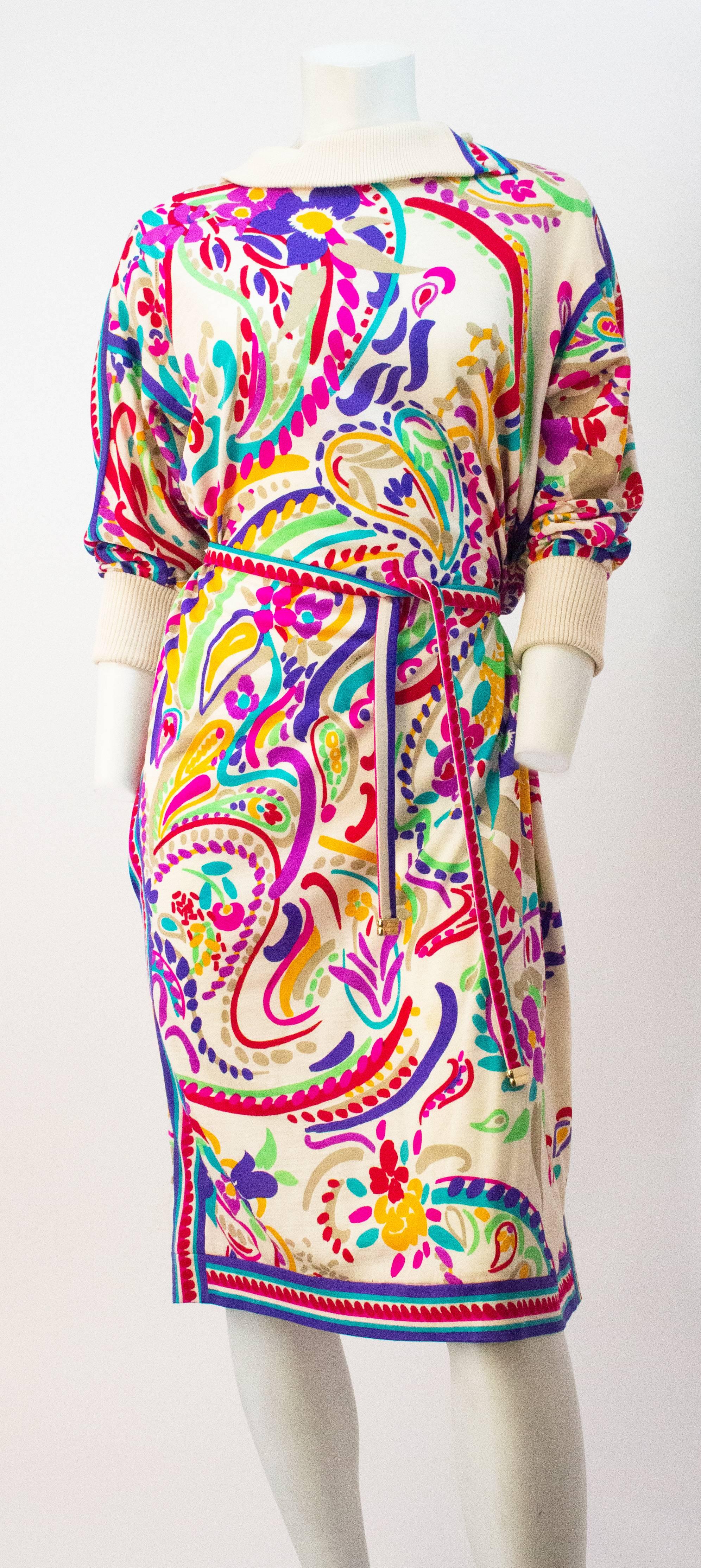 70s Leonard Colorful Paisley Print 3/4 Sleeve Dress. Ribbed cuffs and turn down collar. Pockets. 

Belt: 54 1/2 inches
