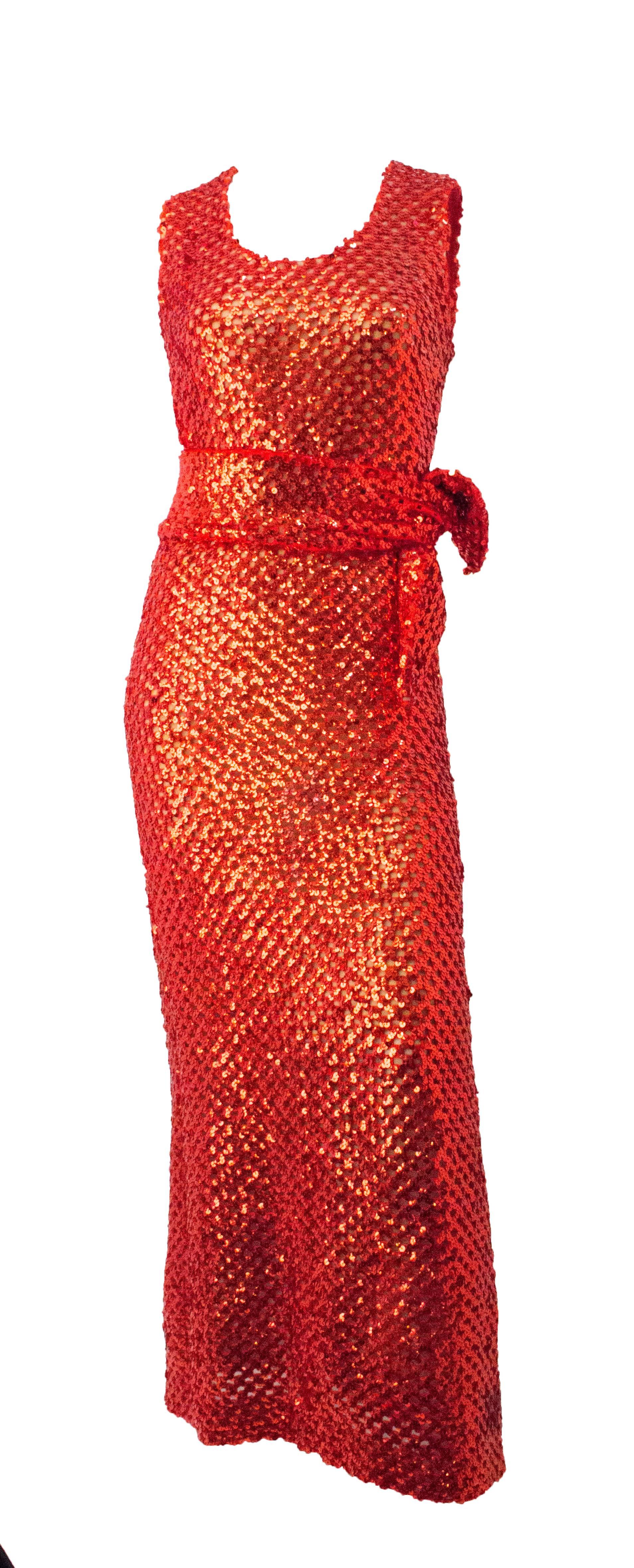 70s Red Sequined fitted Evening Gown. Lined. Zips up the back. 

