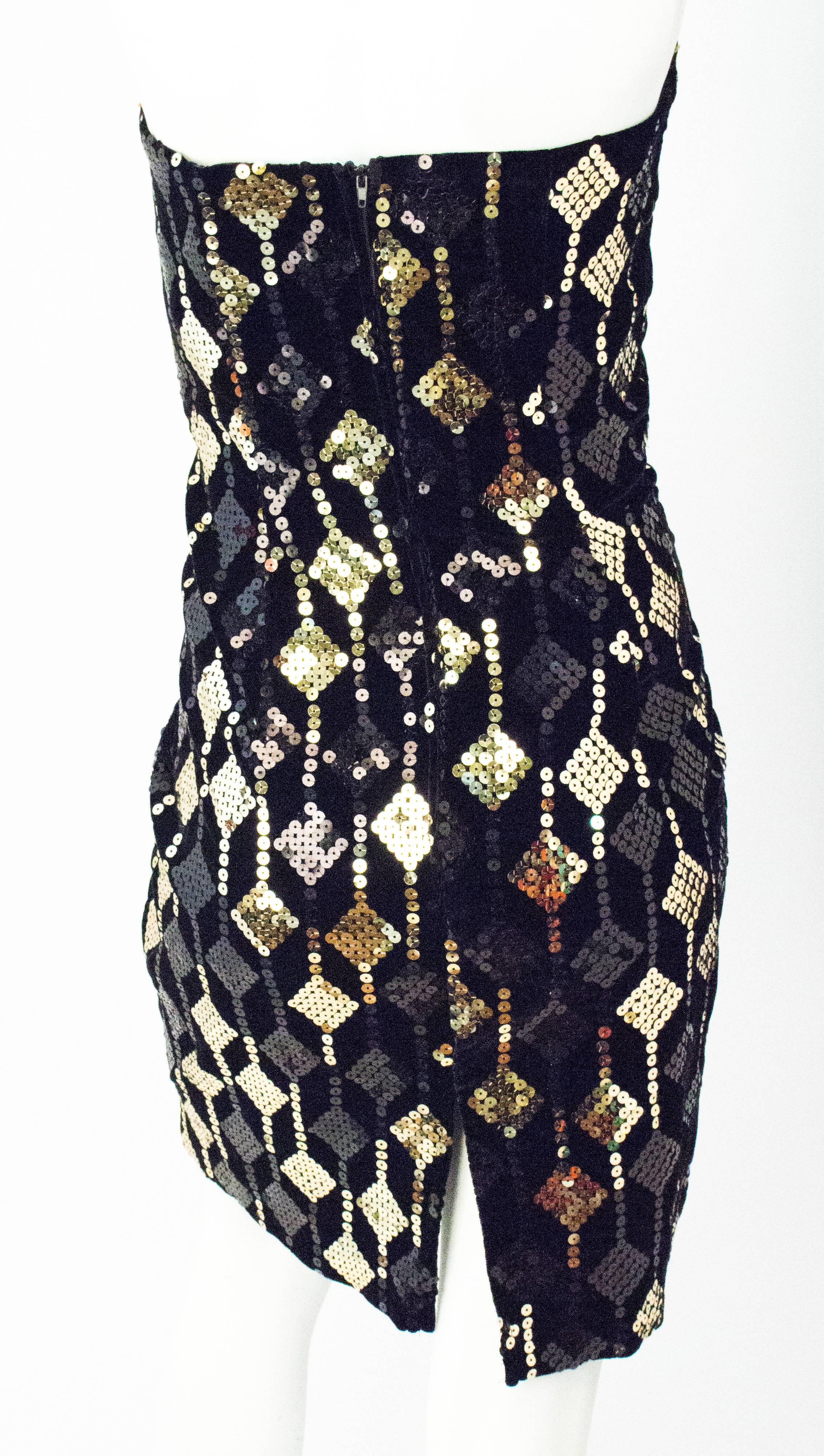 80s black velvet gold diamond sequin strapless mini dress, bodice lined.